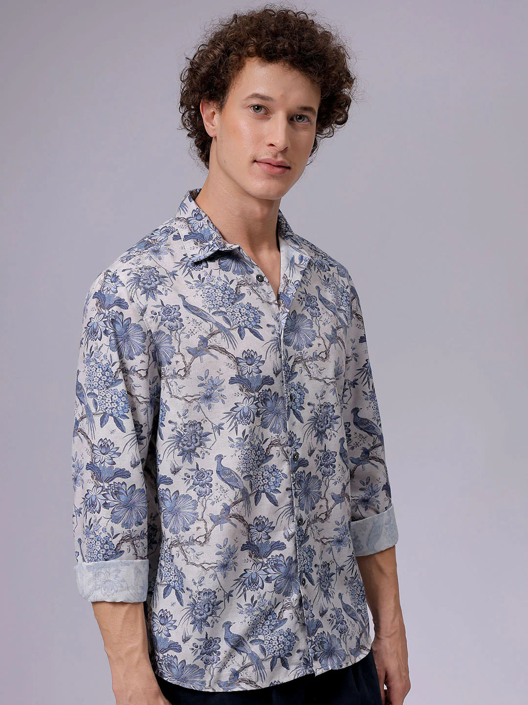 Men's Grey Regular Fit Floral Print Resort Wear Shirt - Image 2