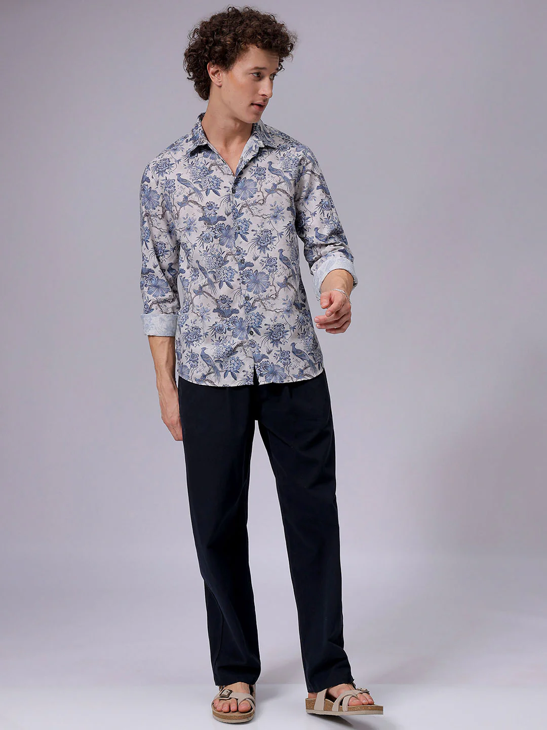Men's Grey Regular Fit Floral Print Resort Wear Shirt - Image 6