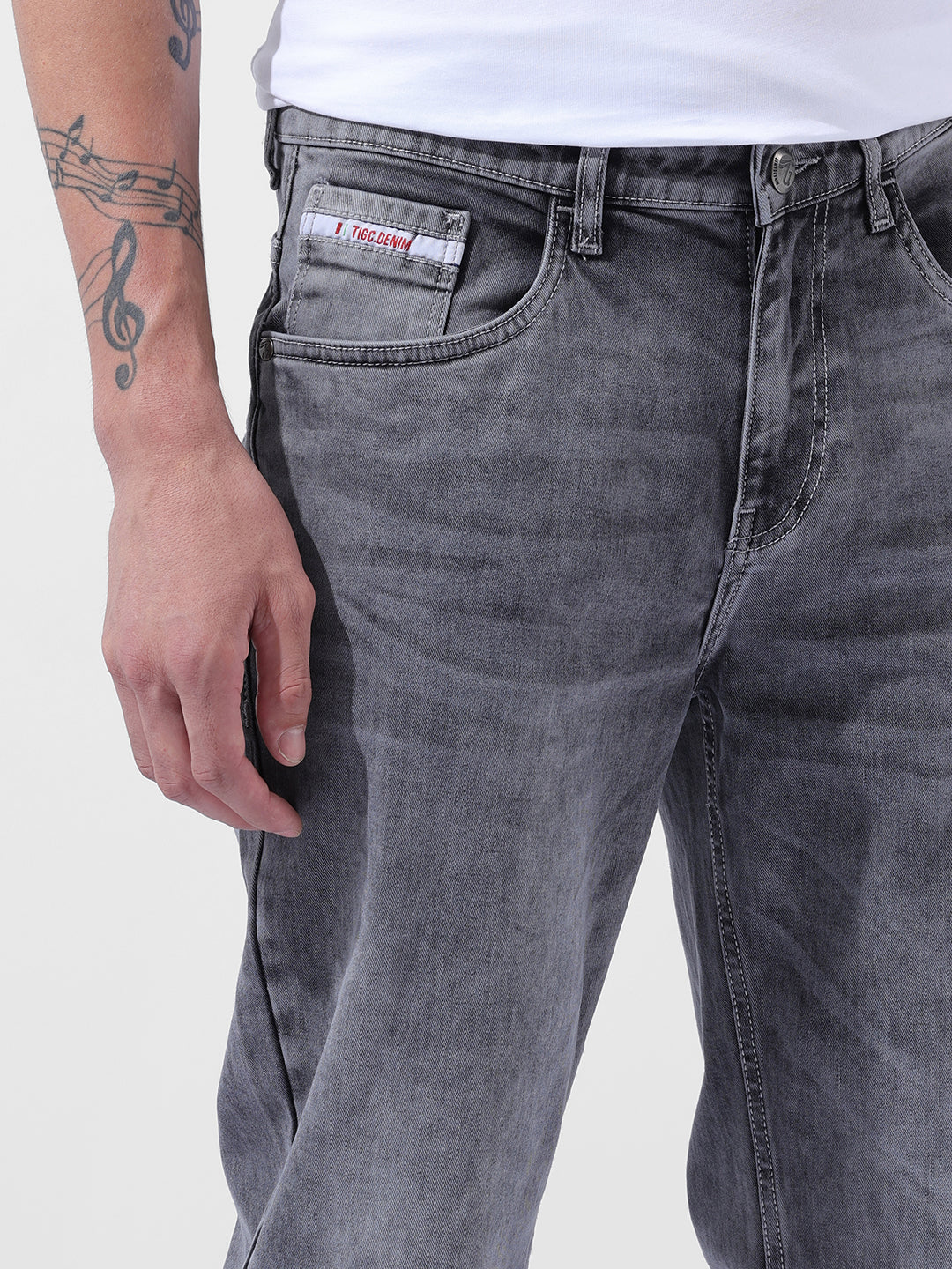 Men's Grey Regular Fit Solid Casual Jeans - Image 4