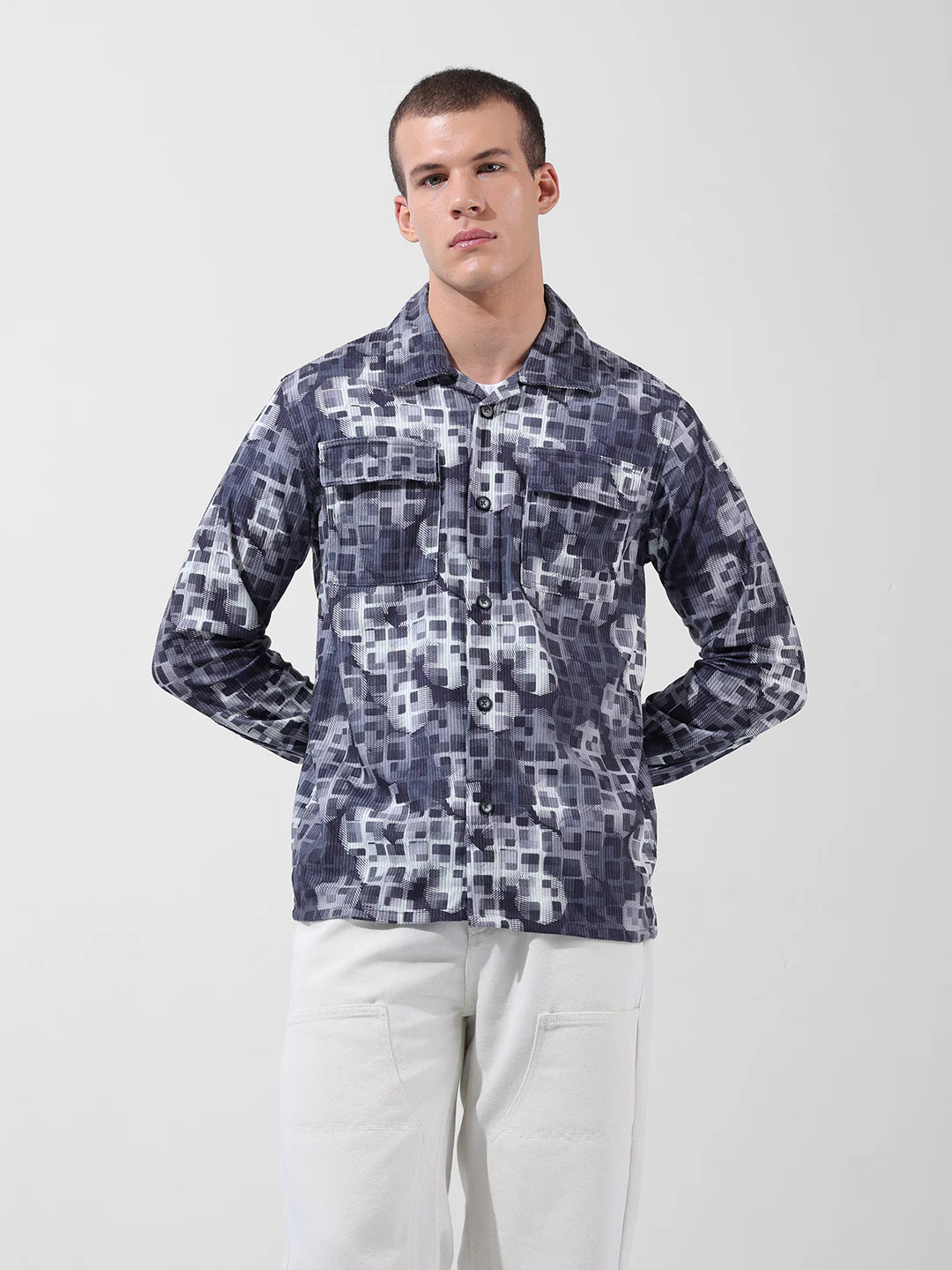 Men's Grey Regular Fit Geometric Print Casual Shirt - Image 6