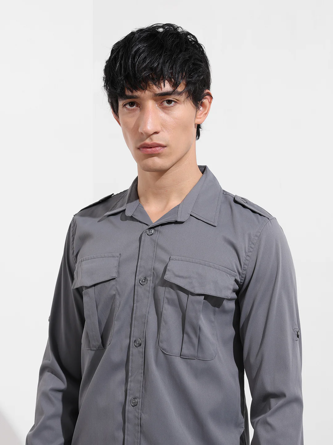 Men's Grey Regular Fit Solid Street Wear Shirt - Image 3