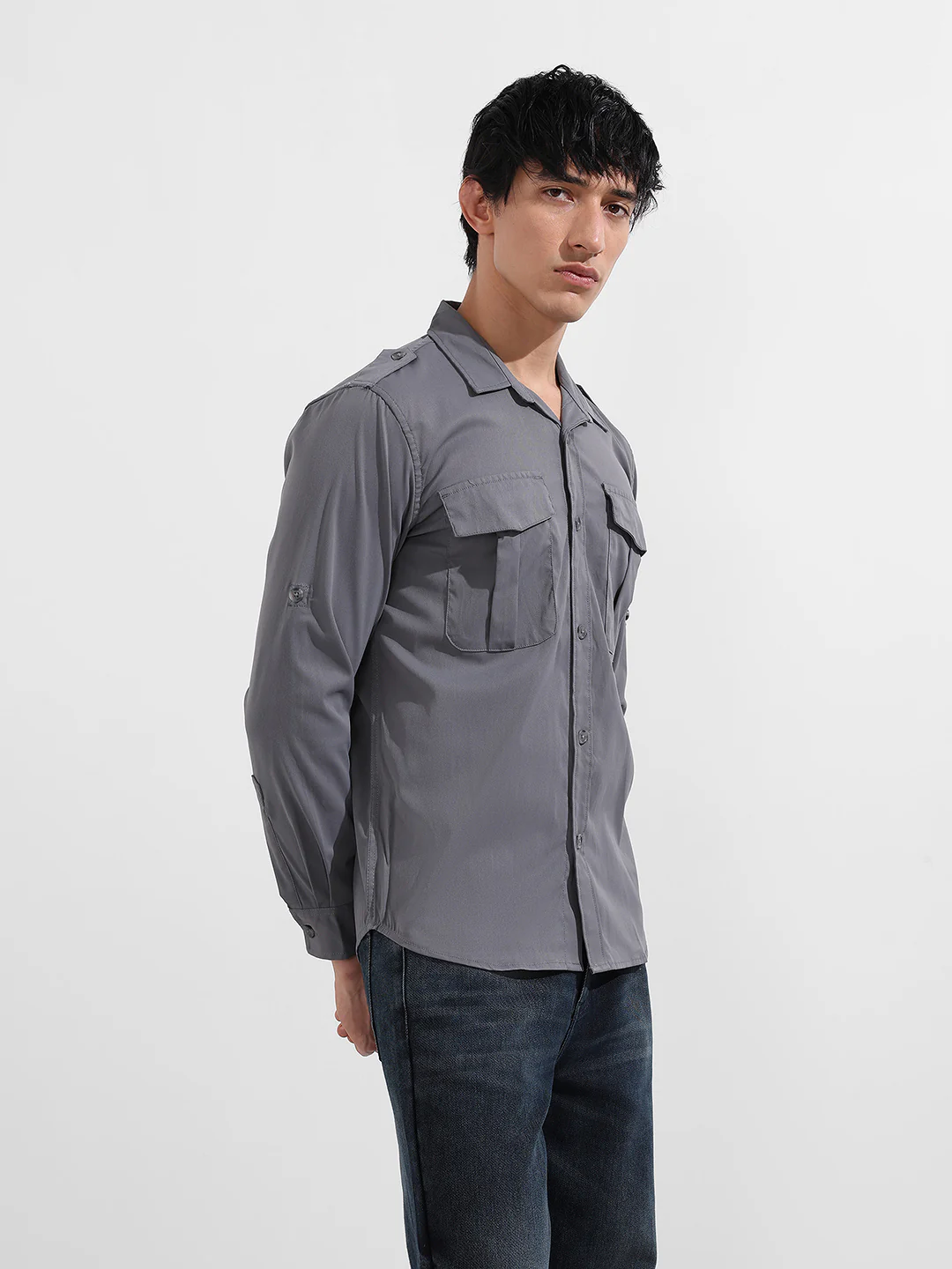 Men's Grey Regular Fit Solid Street Wear Shirt - Image 4