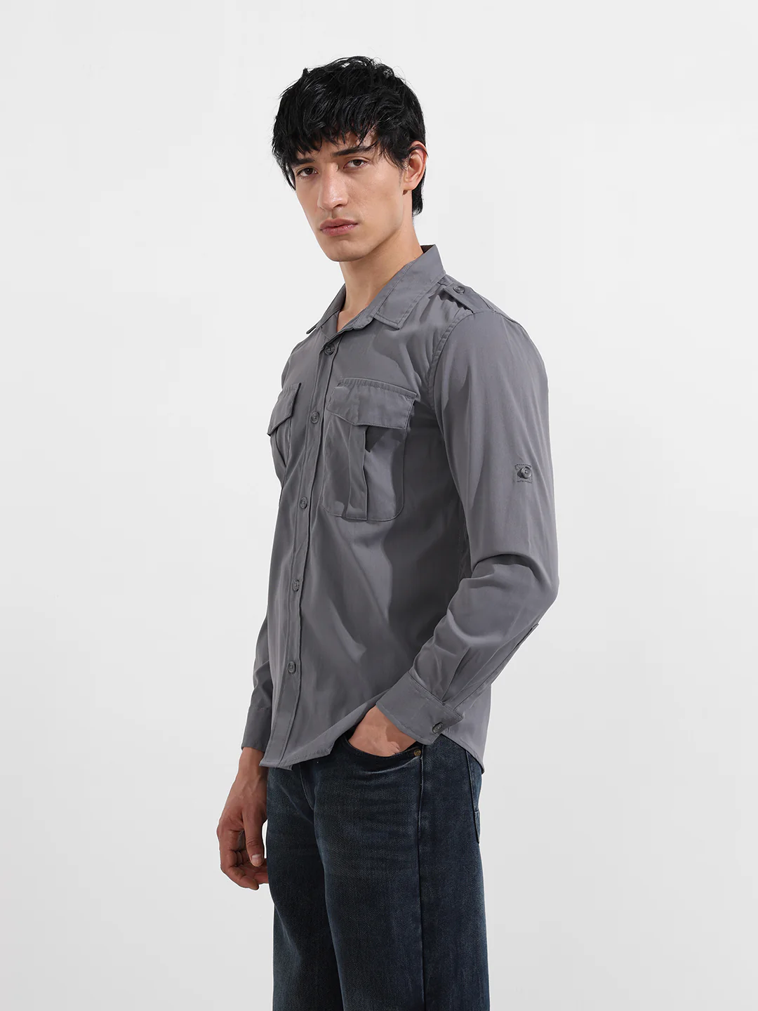 Men's Grey Regular Fit Solid Street Wear Shirt - Image 5