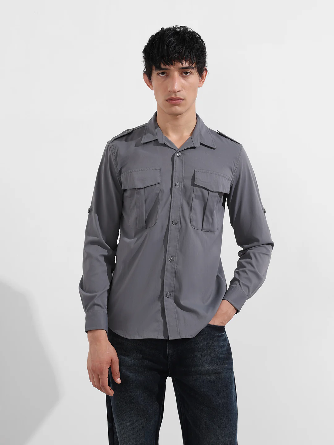 Men's Grey Regular Fit Solid Street Wear Shirt - Image 7