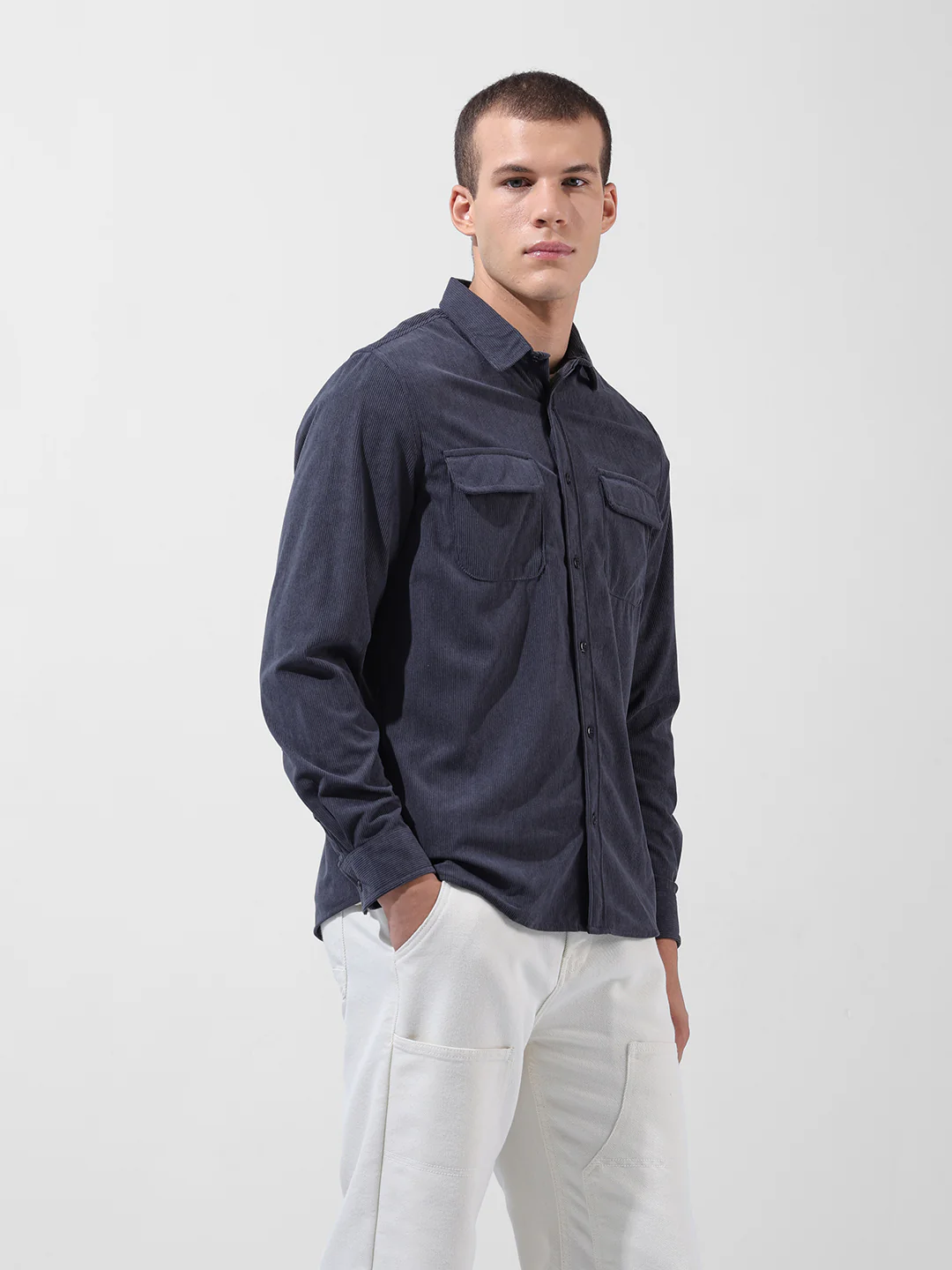 Men's Grey Regular Fit Embroided Street Shirt - Image 2