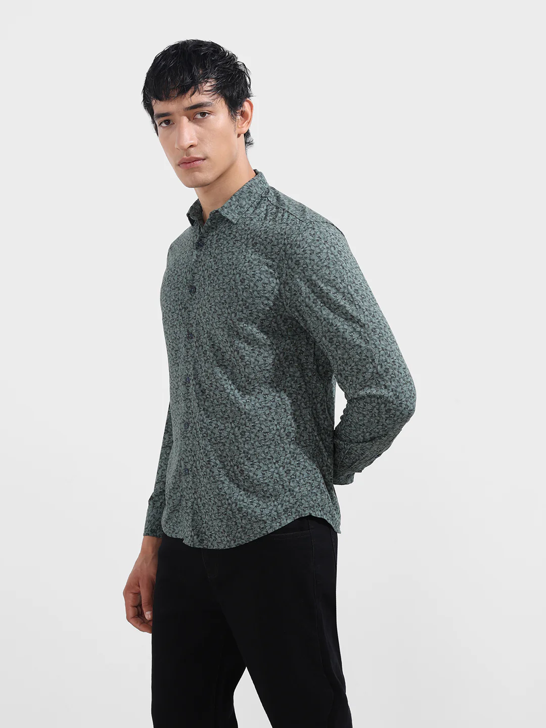 Men's Grey Regular Fit Floral Printed Floral Shirt - Image 4