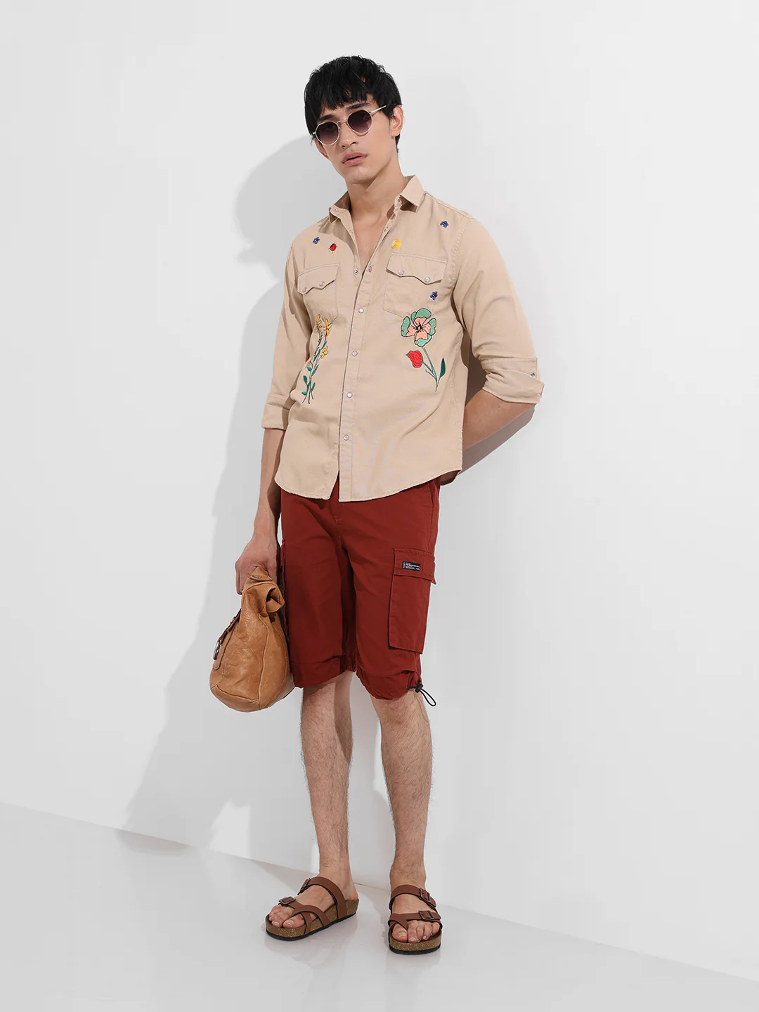 Men's Oat Milk Regular Fit Floral Print Embroidered Shirt - Image 2