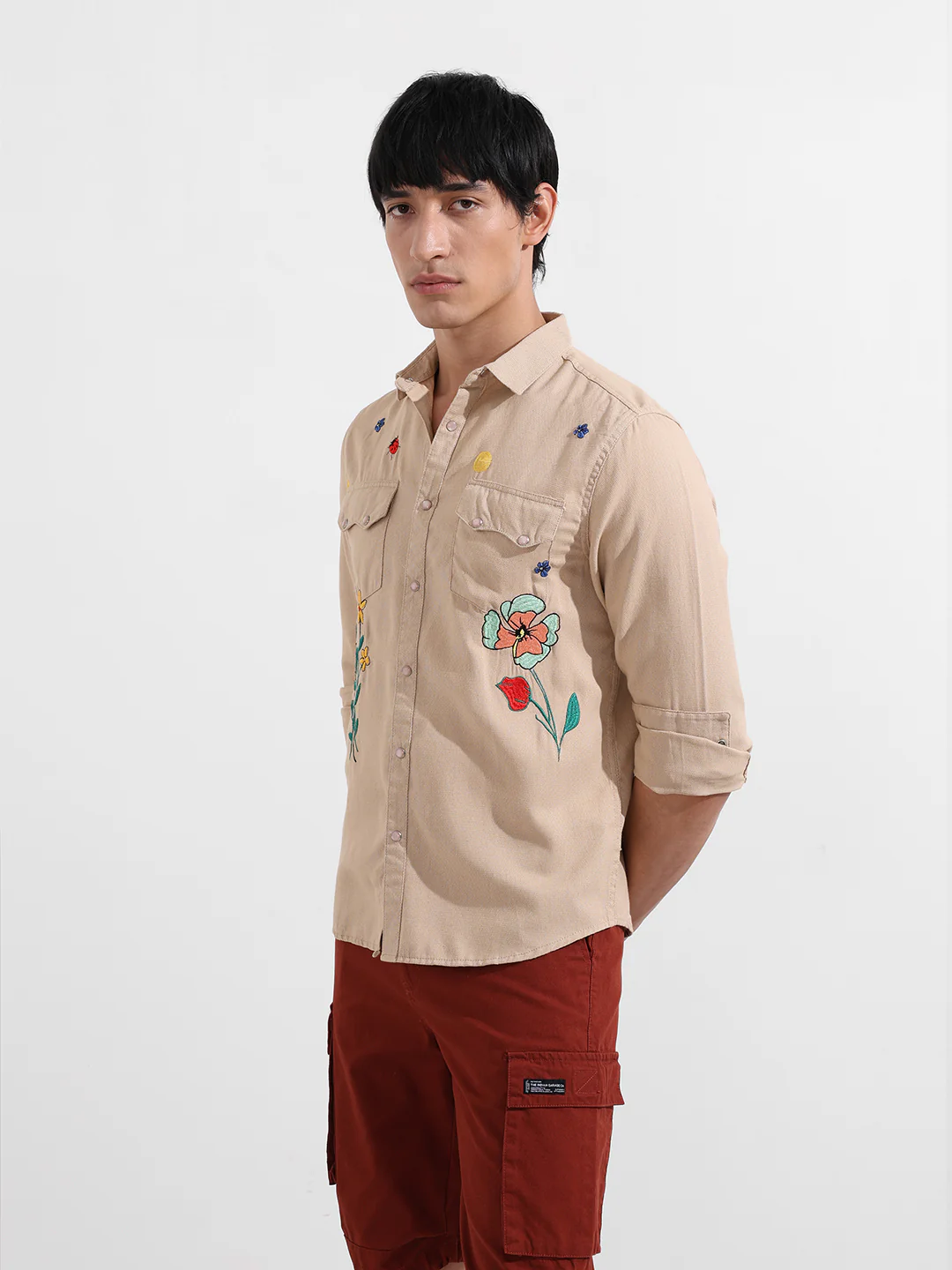 Men's Oat Milk Regular Fit Floral Print Embroidered Shirt - Image 3