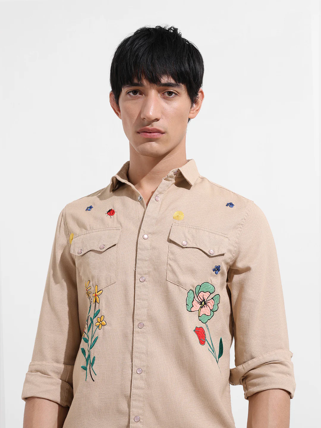 Men's Oat Milk Regular Fit Floral Print Embroidered Shirt - Image 4