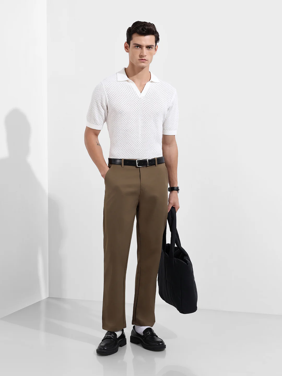 Men's Dark Khaki Regular Fit Solid Casual Trouser - Image 2