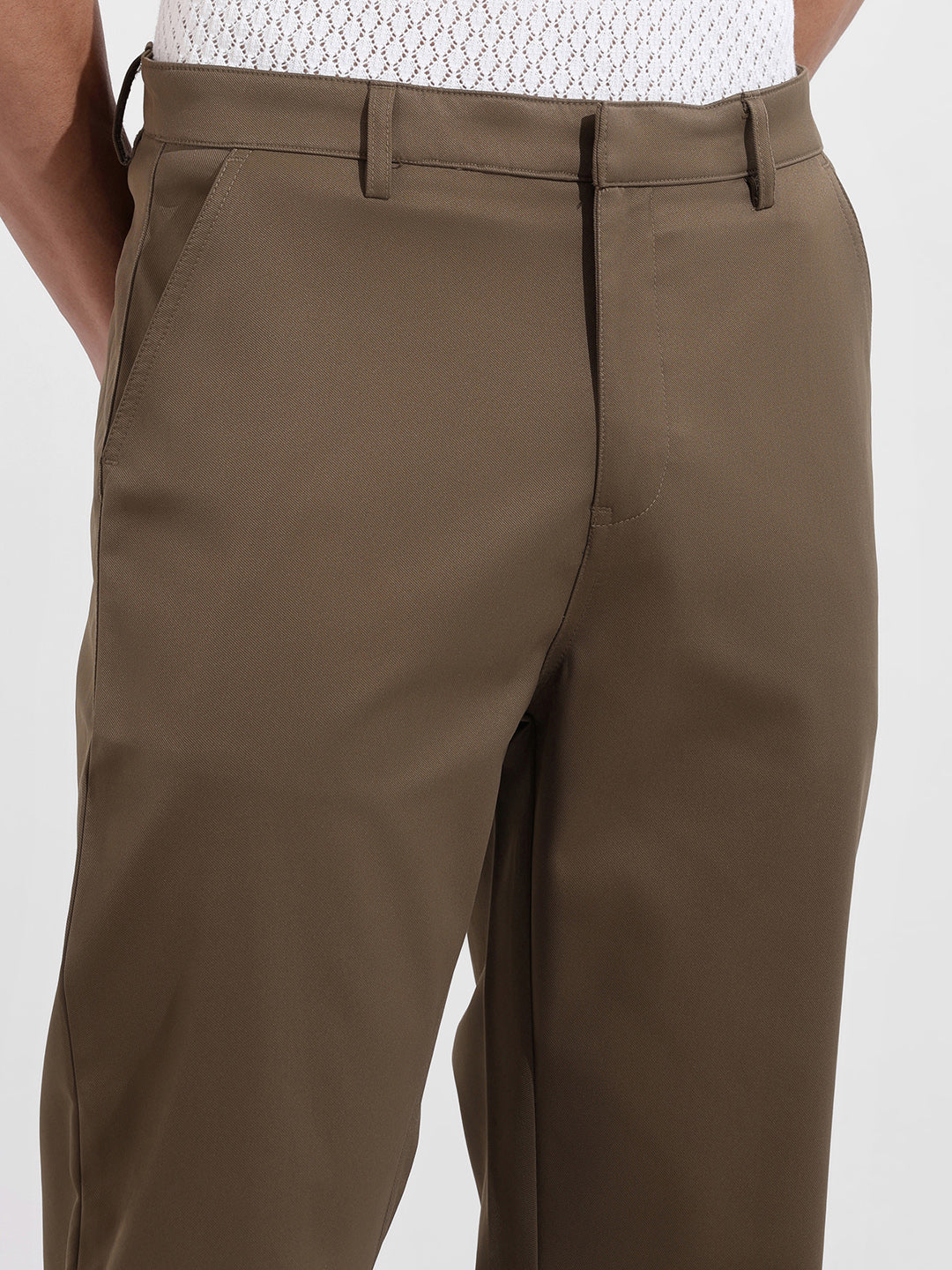 Men's Dark Khaki Regular Fit Solid Casual Trouser - Image 4