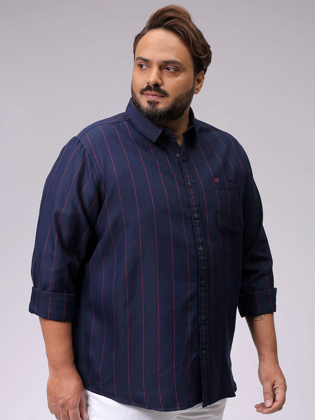 Men's Navy Regular Fit Striped Casual Shirt - Image 2