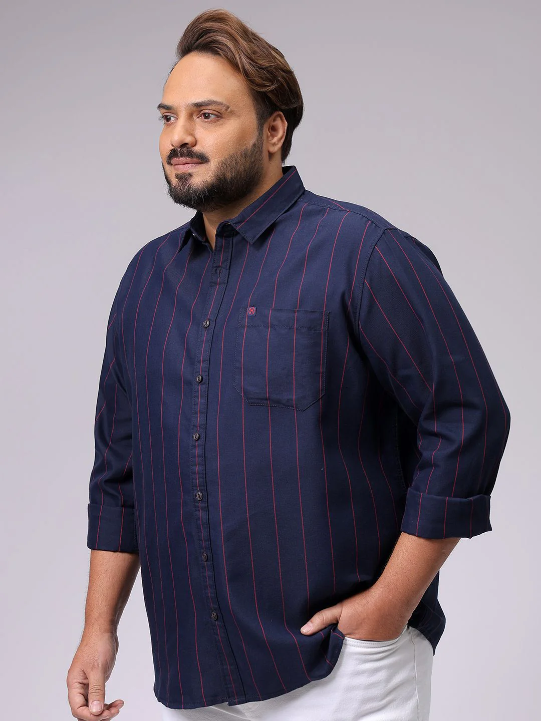 Men's Navy Regular Fit Striped Casual Shirt - Image 3