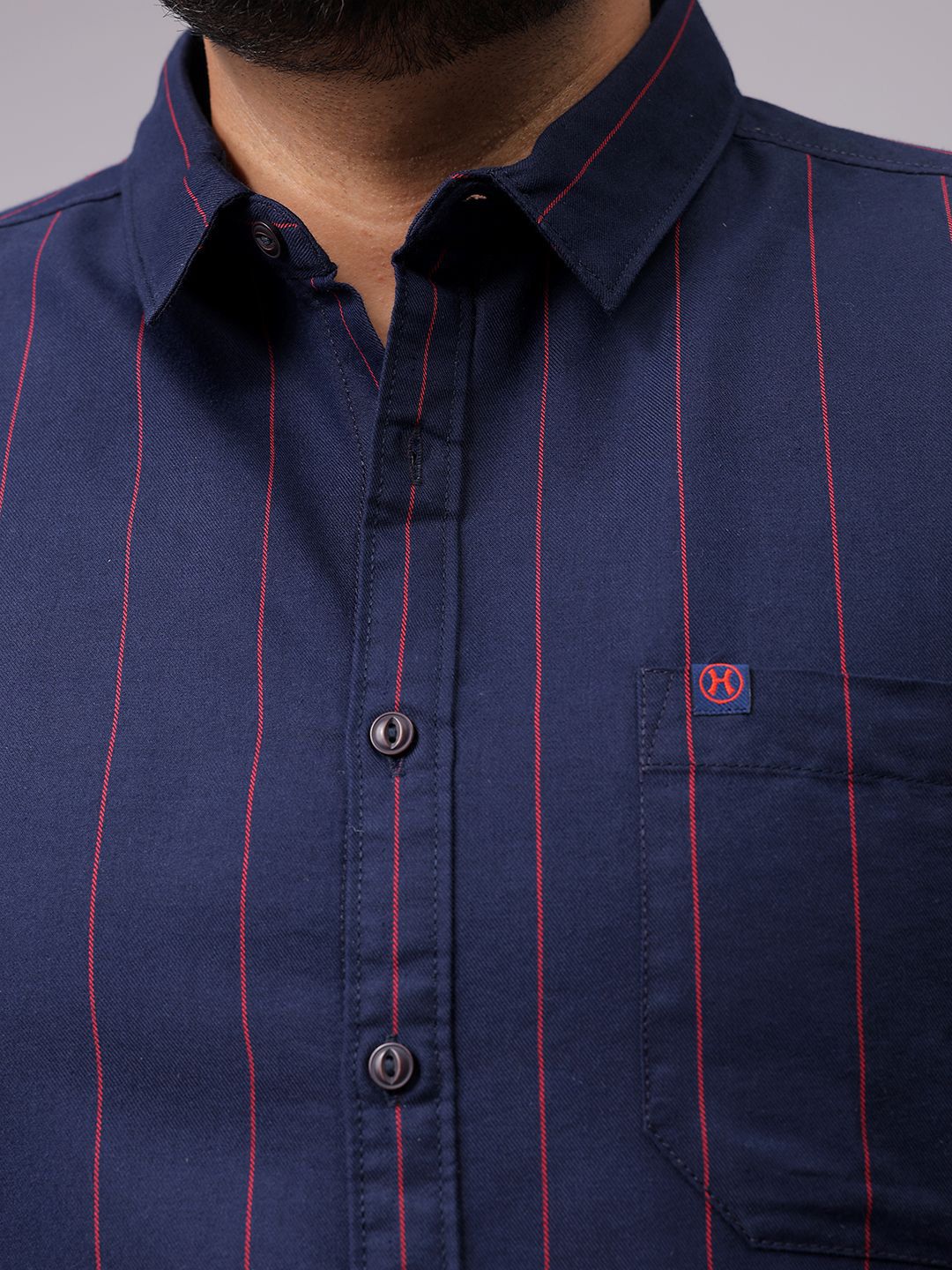 Men's Navy Regular Fit Striped Casual Shirt - Image 5