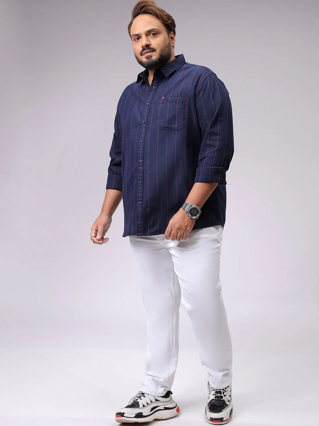 Men's Navy Regular Fit Striped Casual Shirt - Image 6