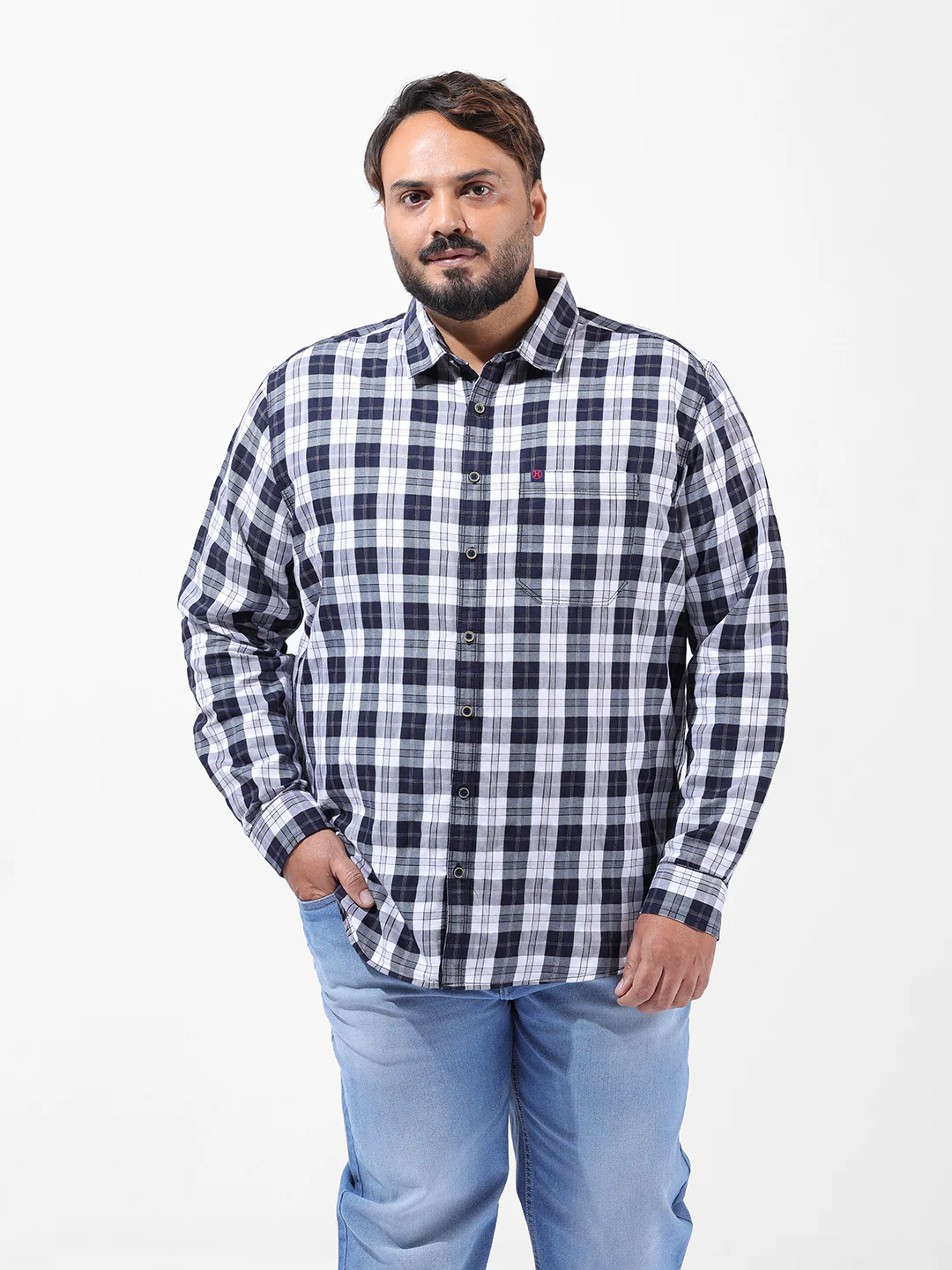 Men's Navy Blue Regular Fit Checked Casual Shirt - Image 7