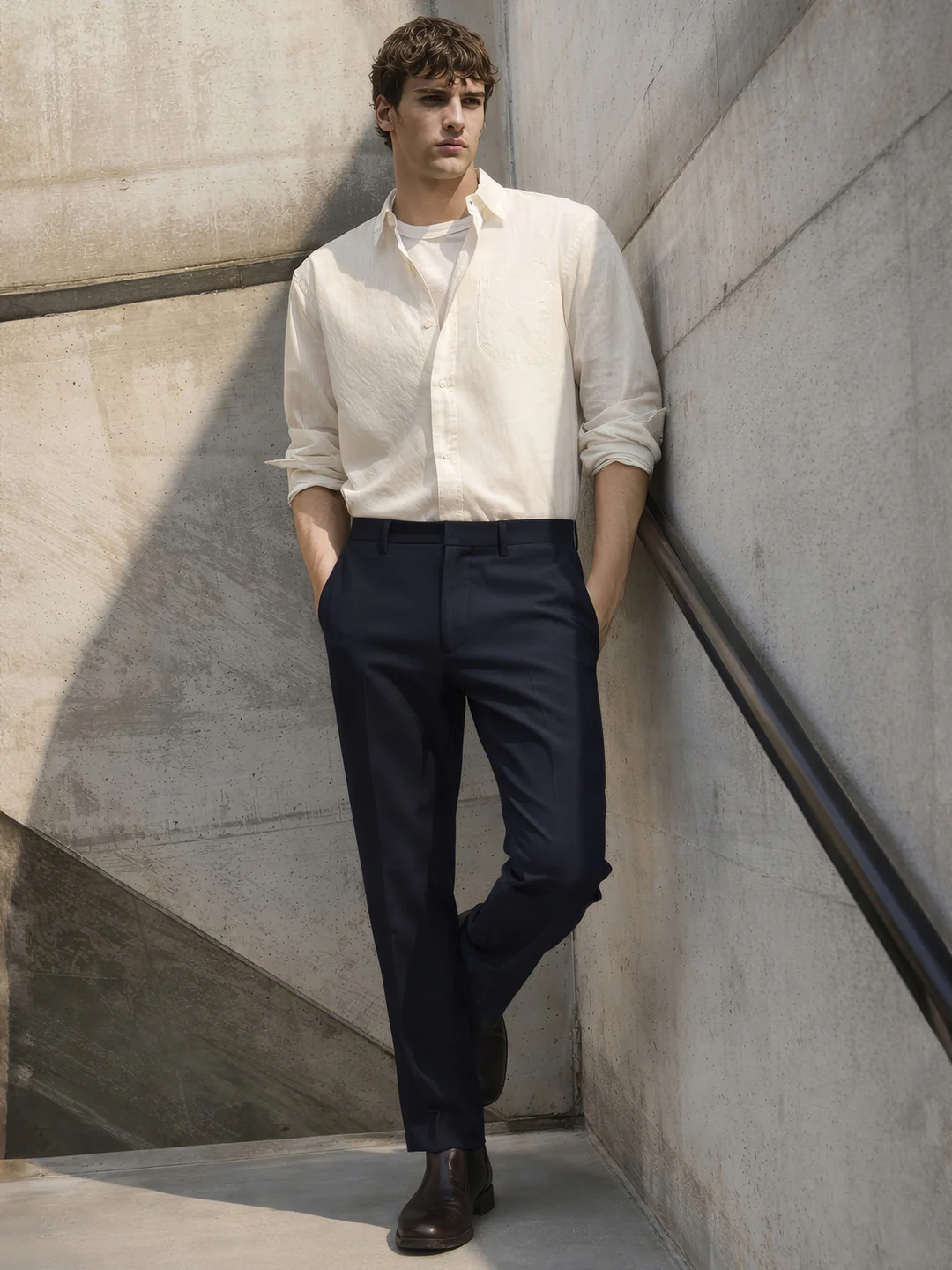 Men's Navy Regular Fit Casual Trousers - Image 3