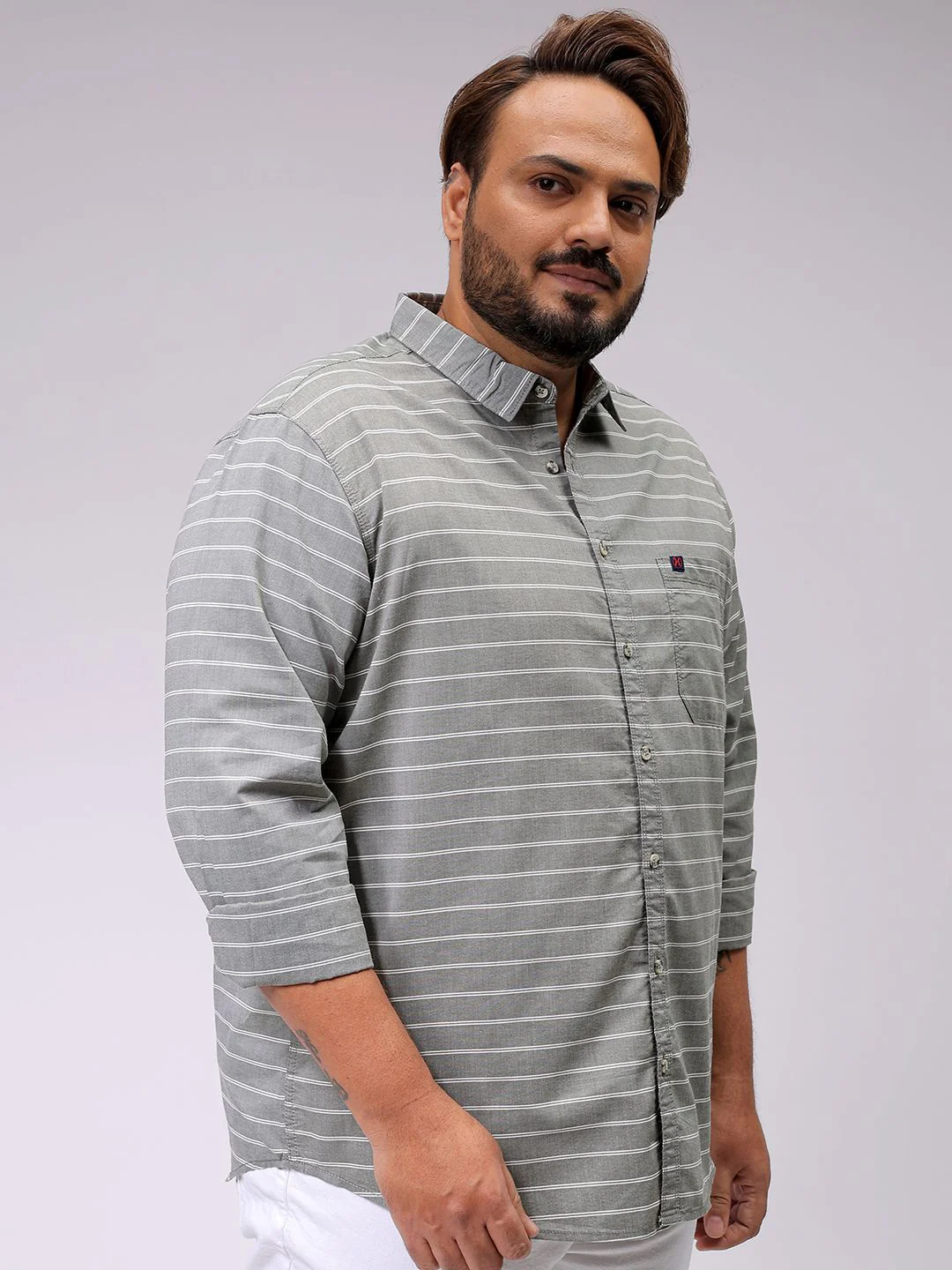 Men's Olive Regular Fit Striped Casual Shirt - Image 2
