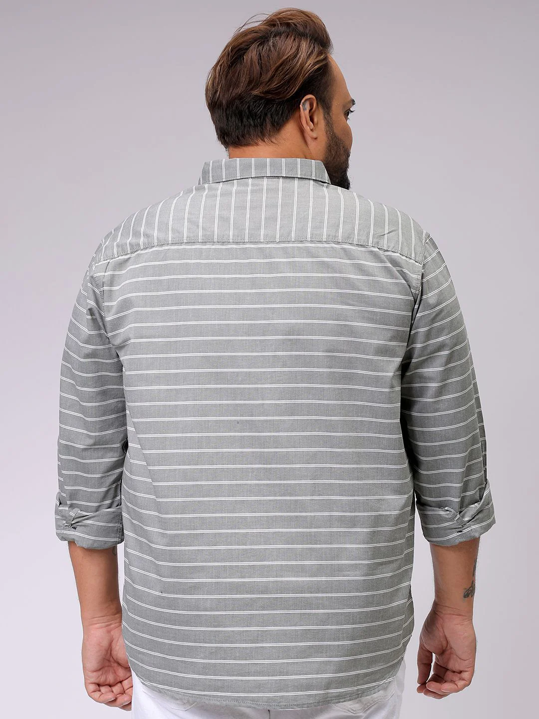 Men's Olive Regular Fit Striped Casual Shirt - Image 4