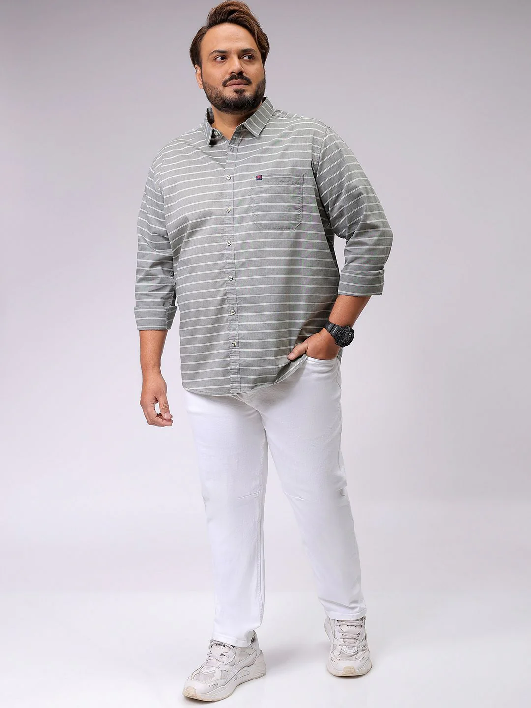 Men's Olive Regular Fit Striped Casual Shirt - Image 6