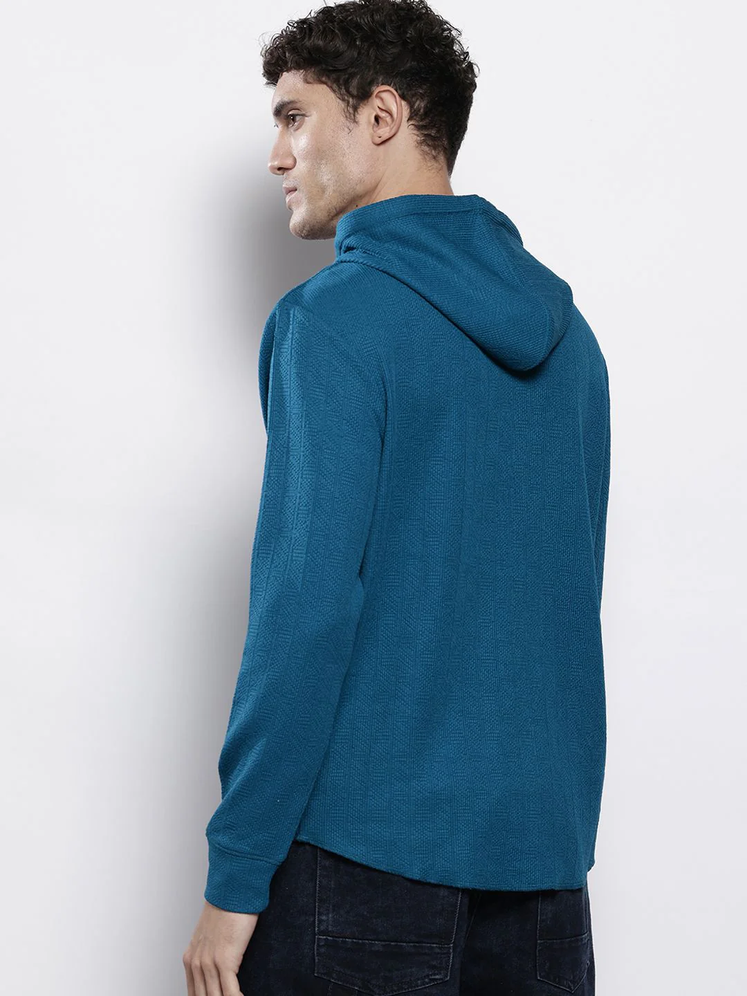 Men's Midnight Blue Regular Fit Textured Casual T-Shirt - Image 4