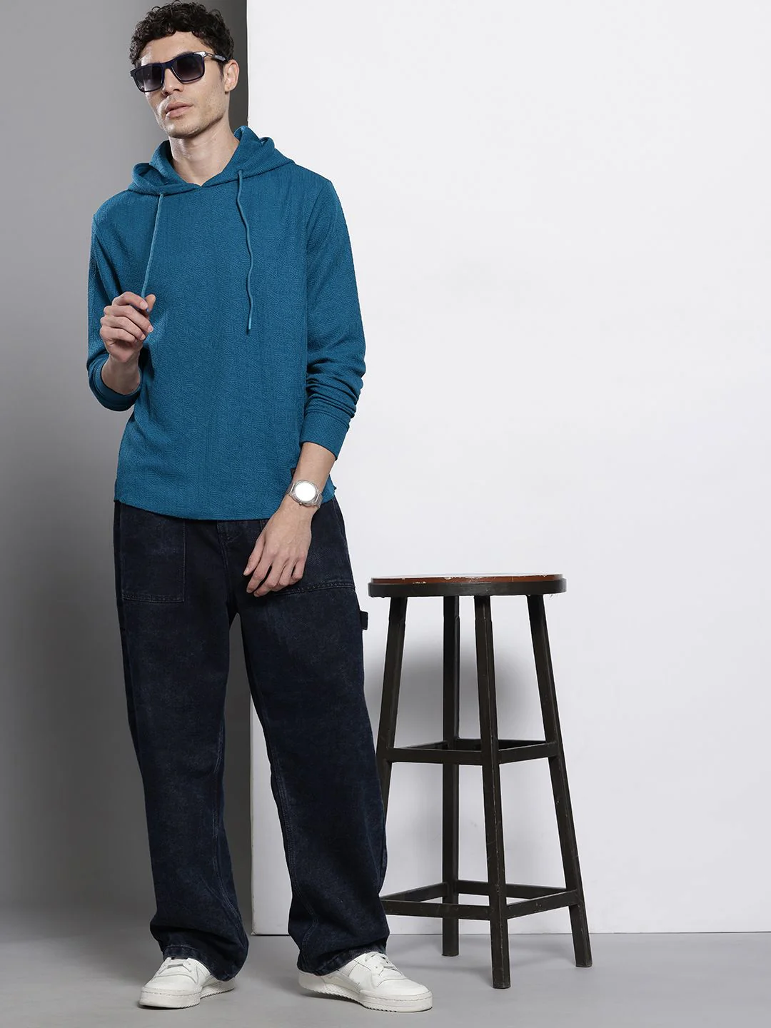 Men's Midnight Blue Regular Fit Textured Casual T-Shirt - Image 5