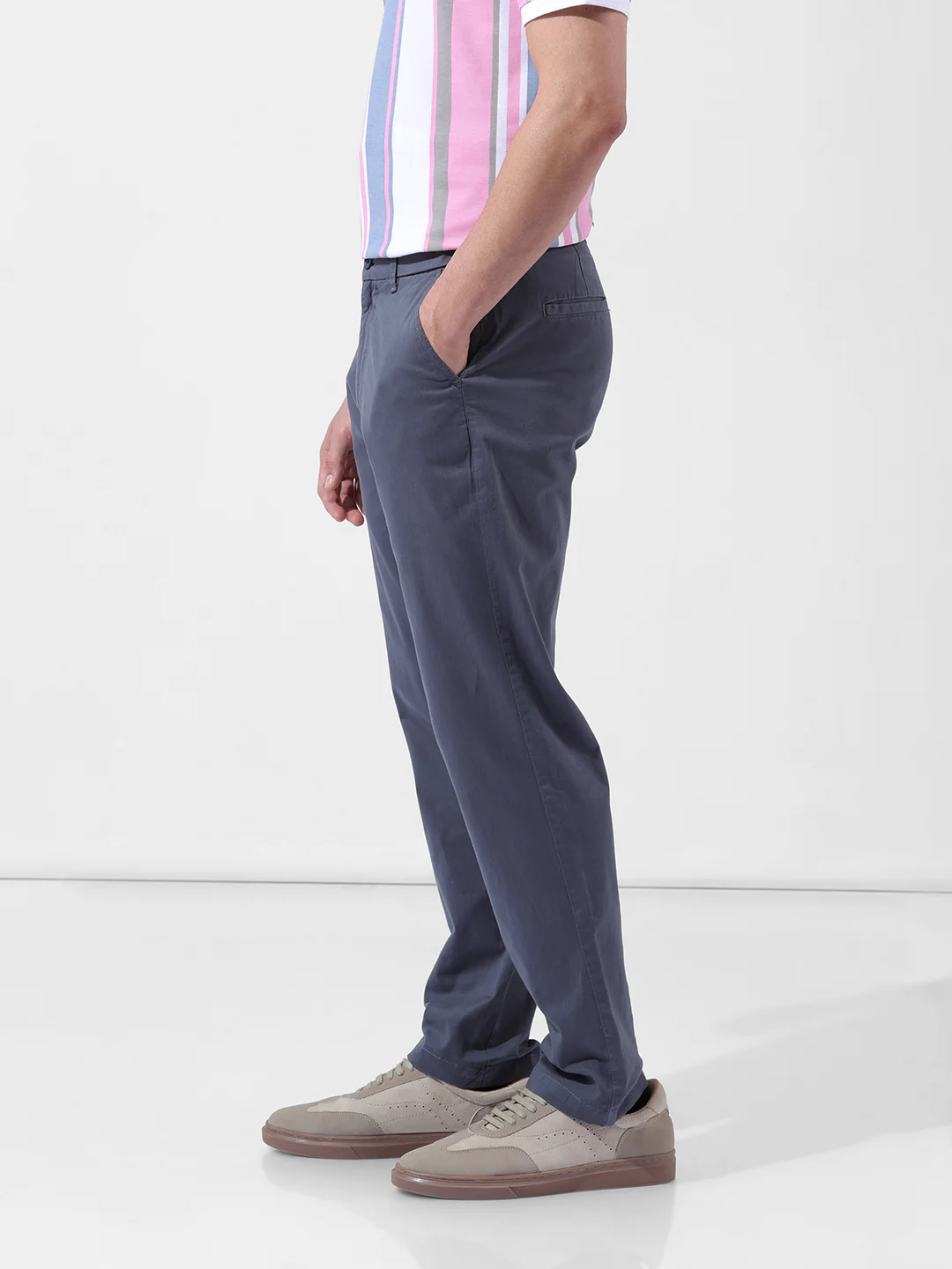 Men's Stone Blue Regular Fit Solid Casual Chinos - Image 2