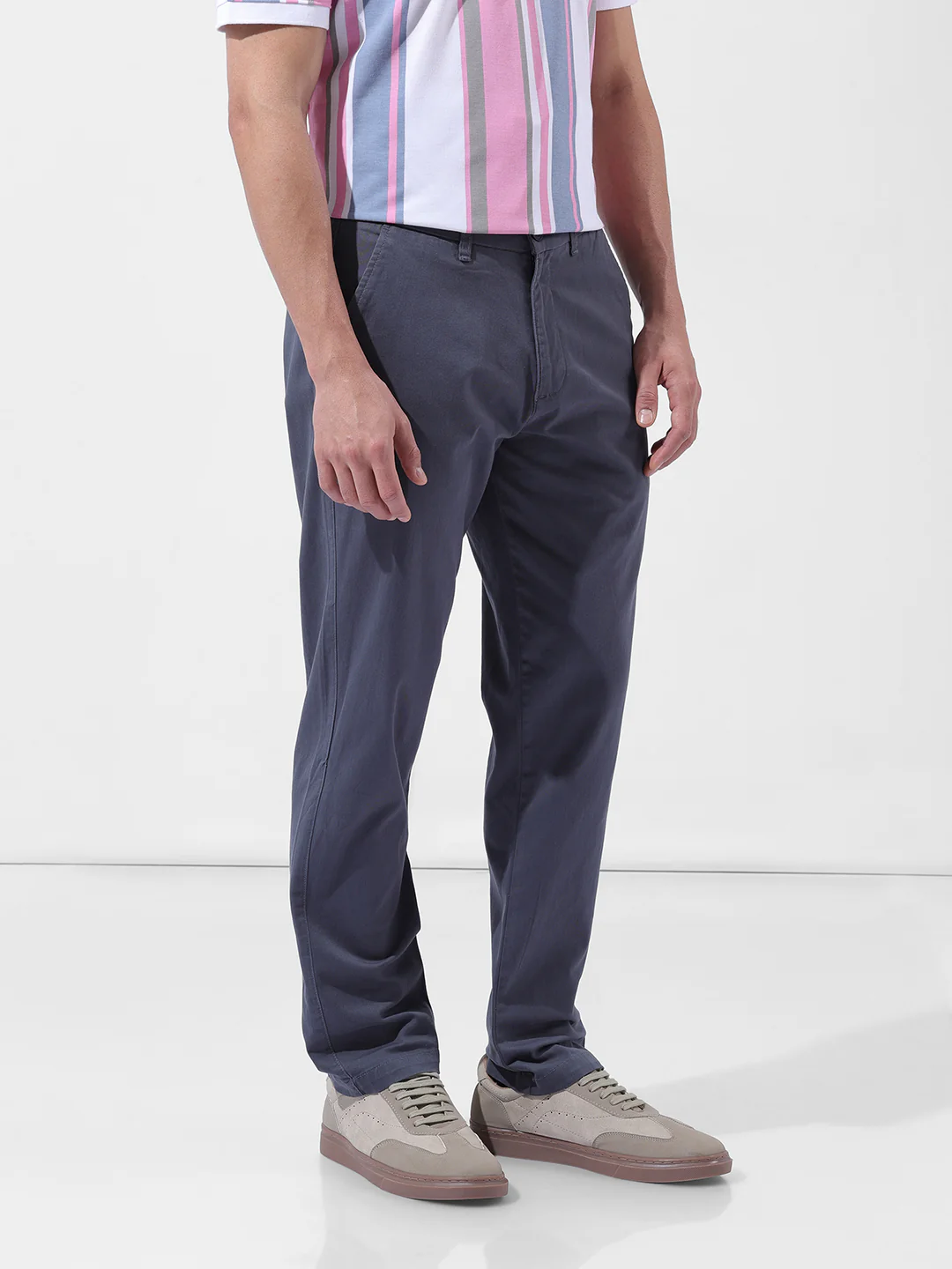 Men's Stone Blue Regular Fit Solid Casual Chinos - Image 3
