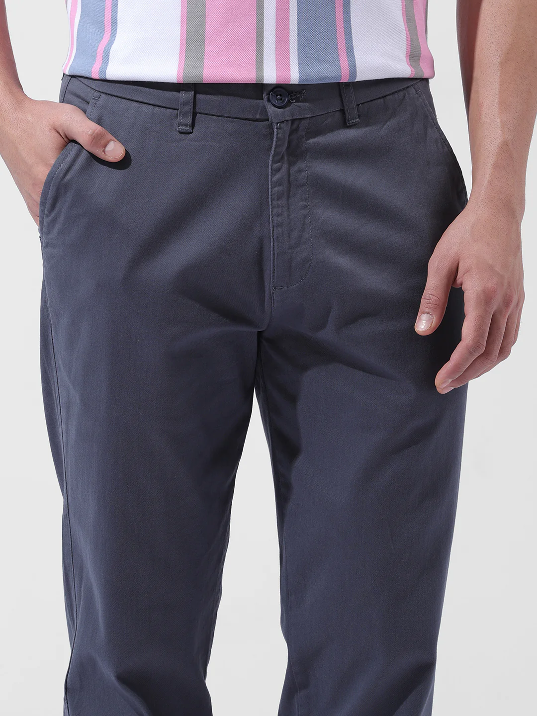 Men's Stone Blue Regular Fit Solid Casual Chinos - Image 4