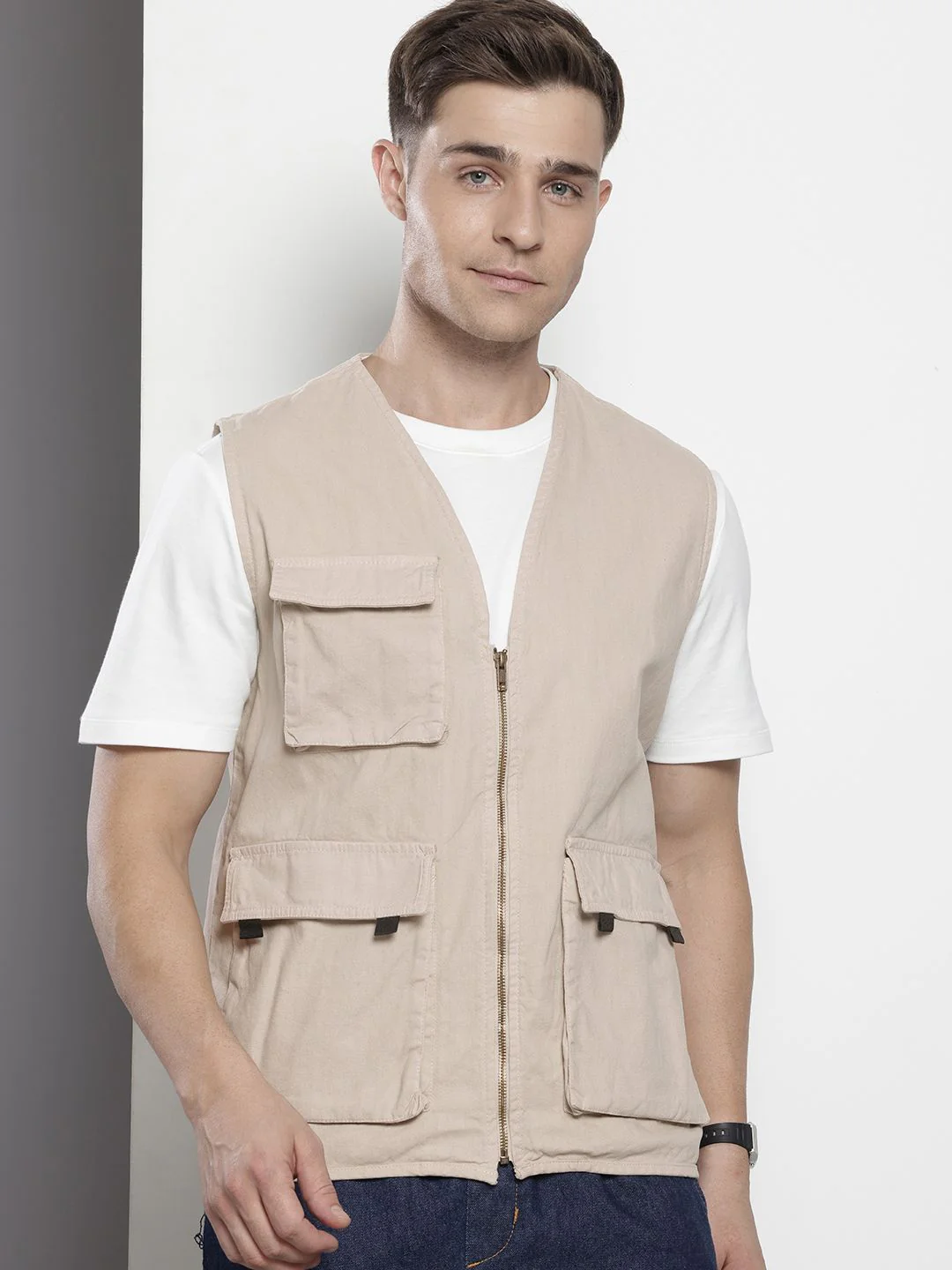 Men's Oat Milk Regular Fit Solid Utility Jacket - Image 2