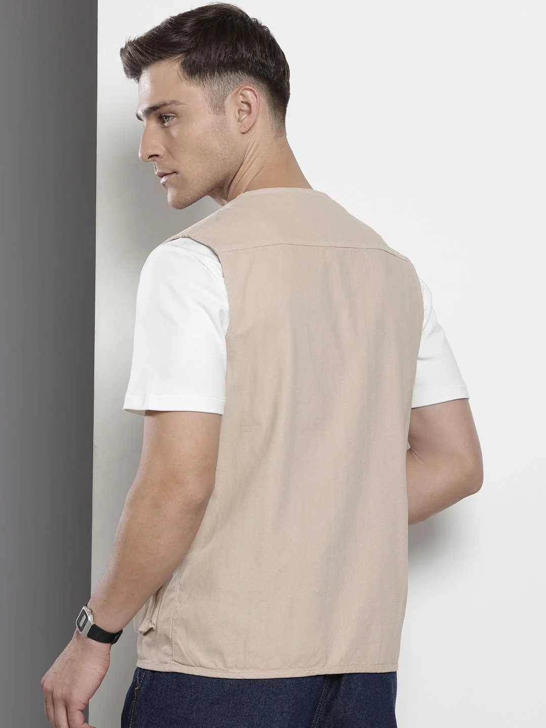 Men's Oat Milk Regular Fit Solid Utility Jacket - Image 3