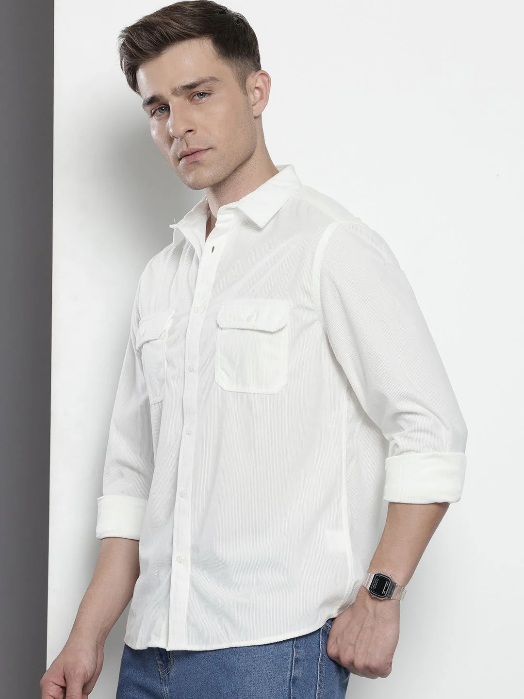 Men's White Regular Fit Solid Casual Shirt - Image 2