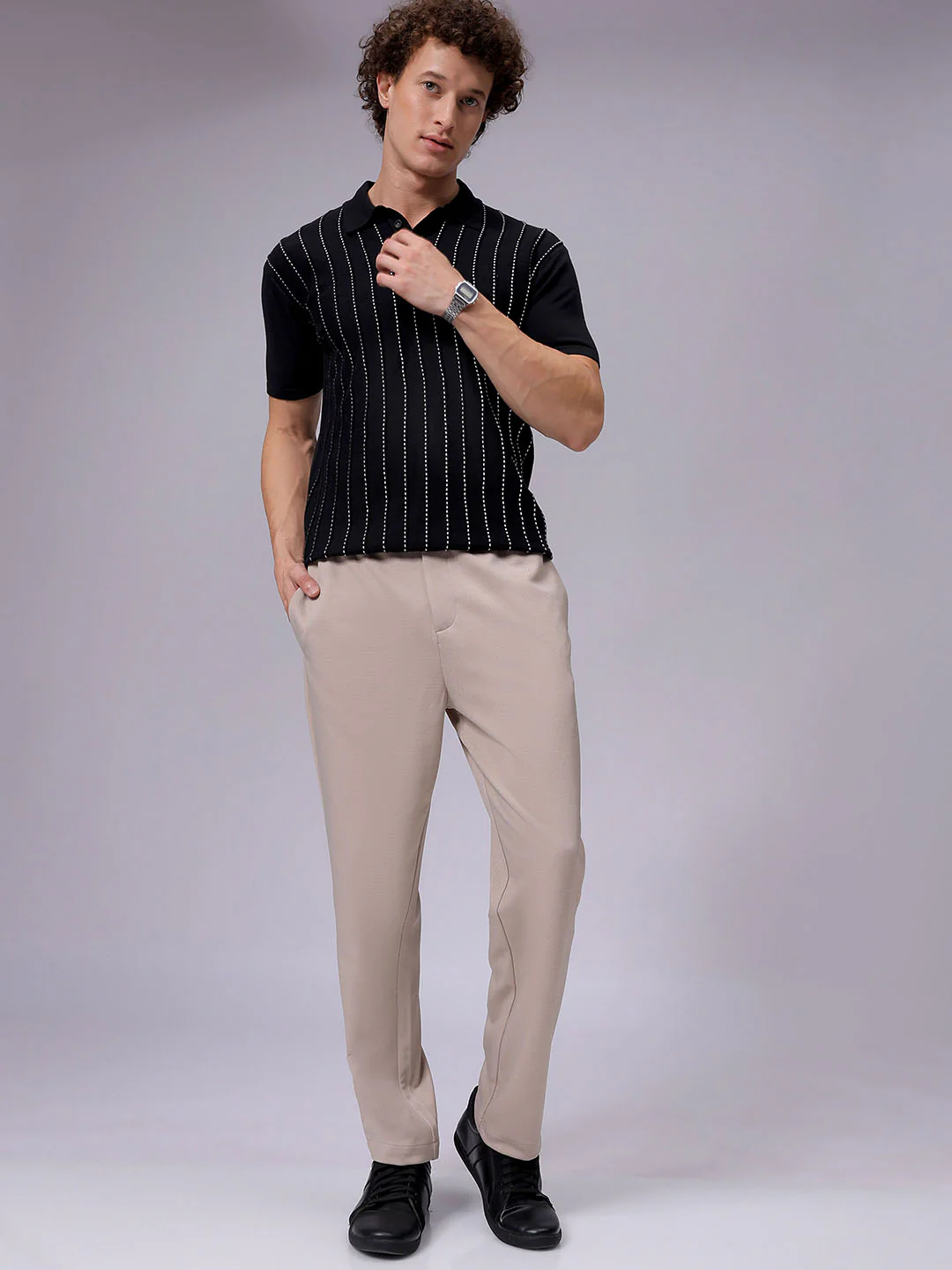 Men's Light Beige Regular Fit Solid Casual Chinos - Image 3