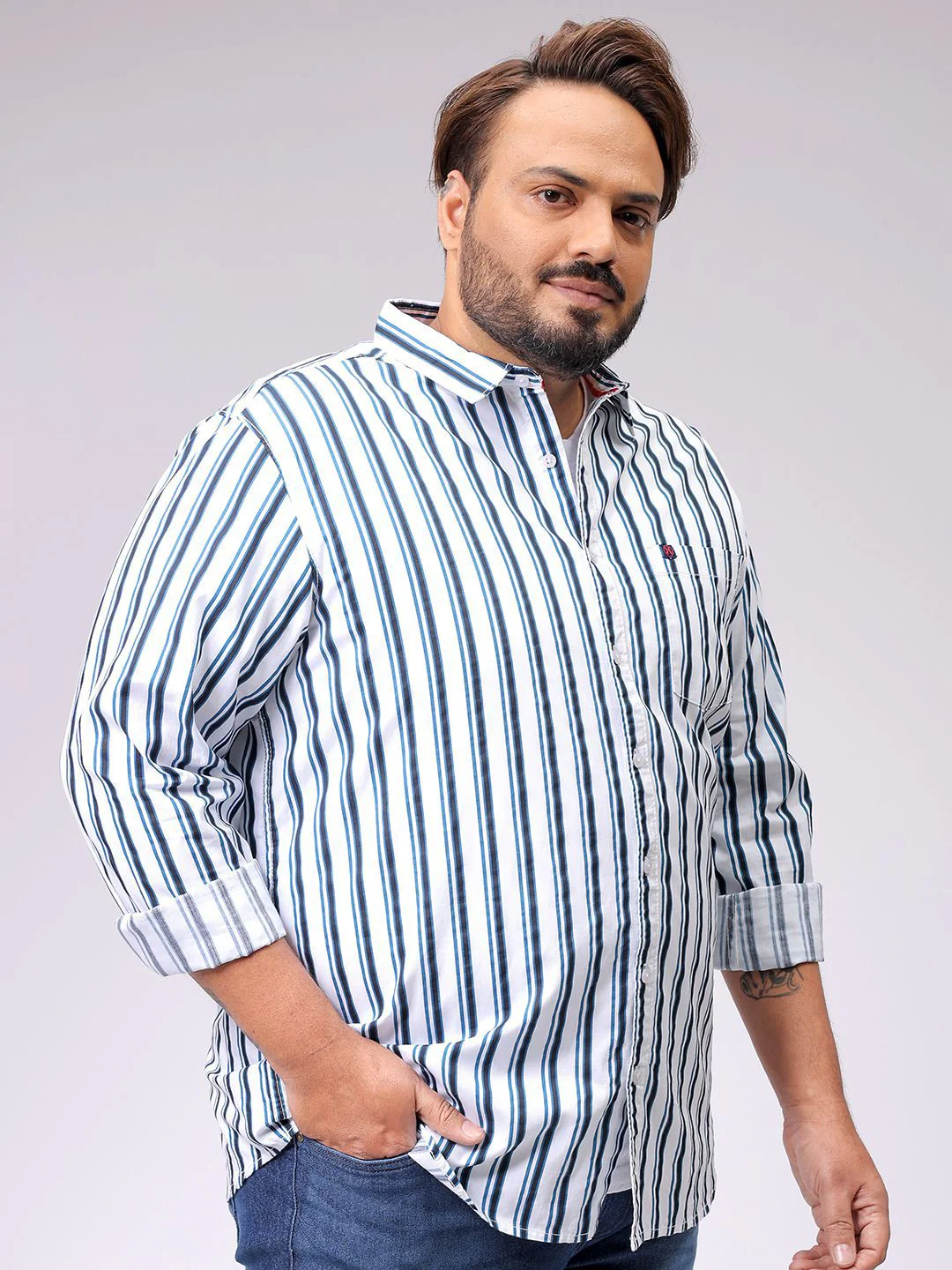 Men's White Regular Fit Striped Casual Shirt - Image 2