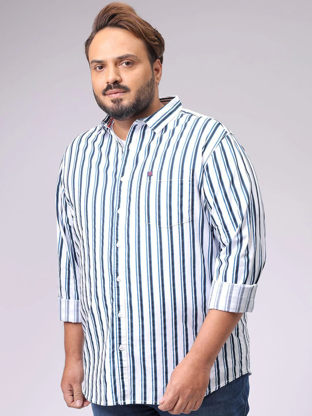 Men's White Regular Fit Striped Casual Shirt - Image 3