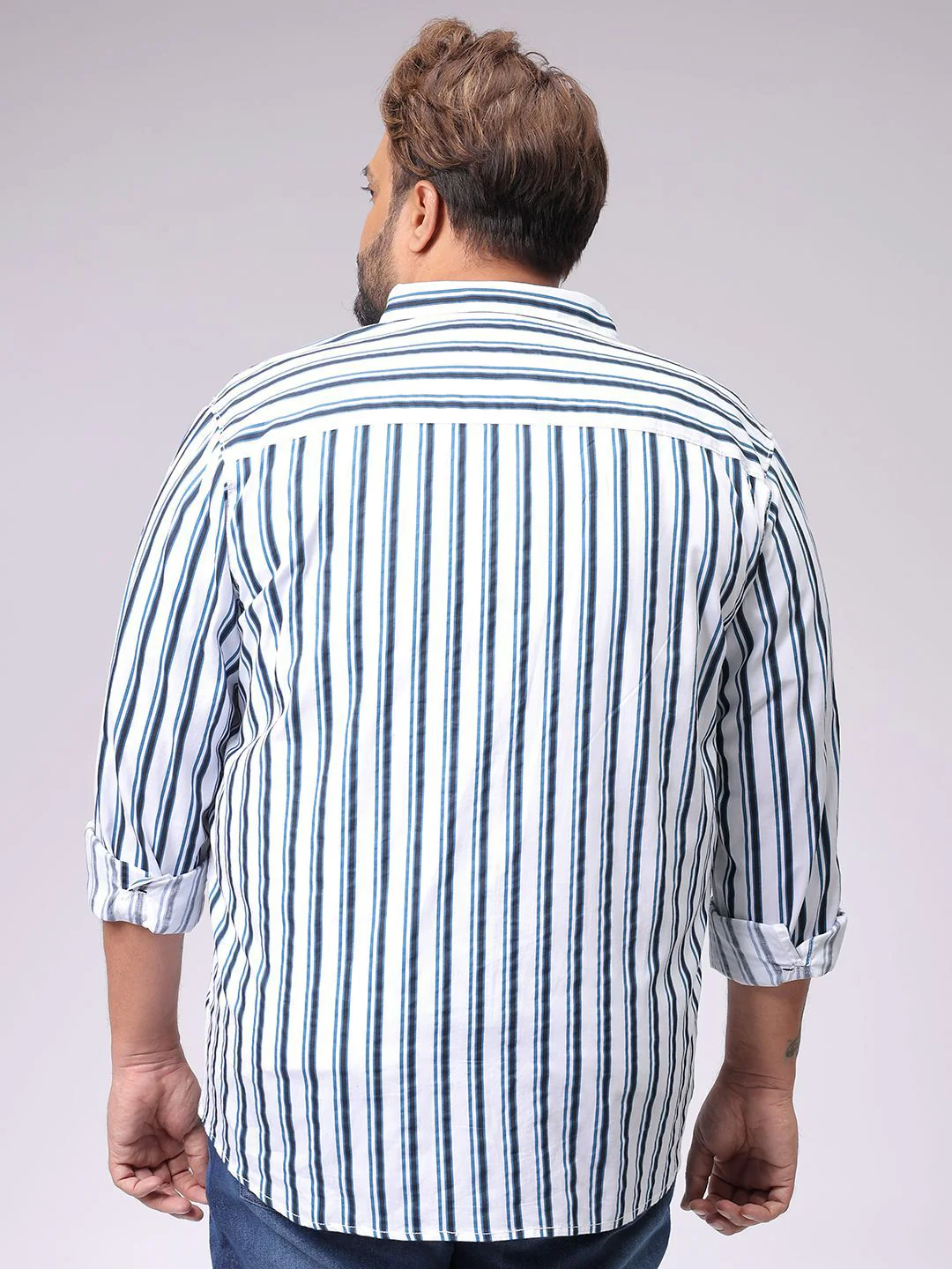 Men's White Regular Fit Striped Casual Shirt - Image 4