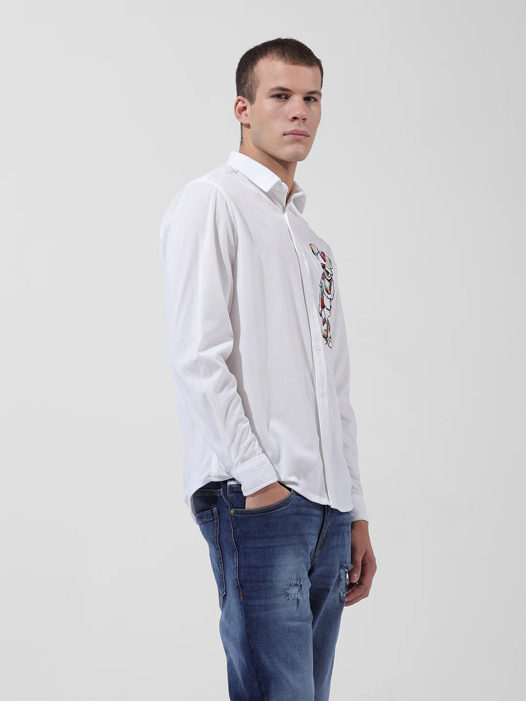 Men's White Regular Fit Embroided Street Shirt - Image 4