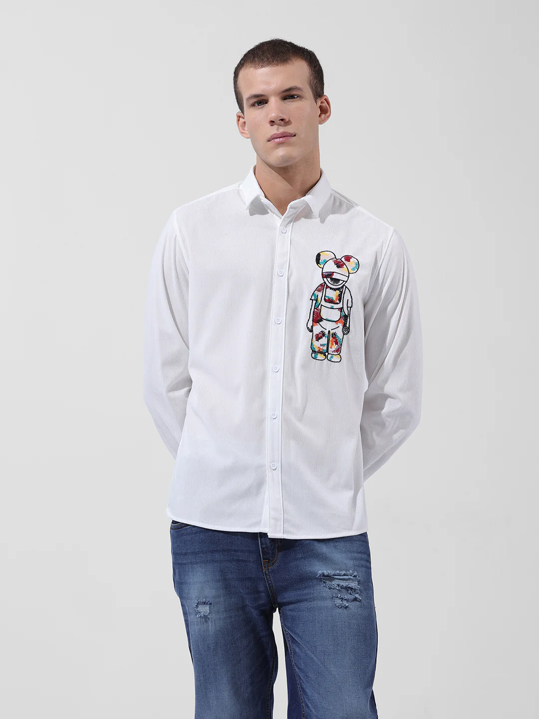 Men's White Regular Fit Embroided Street Shirt - Image 7