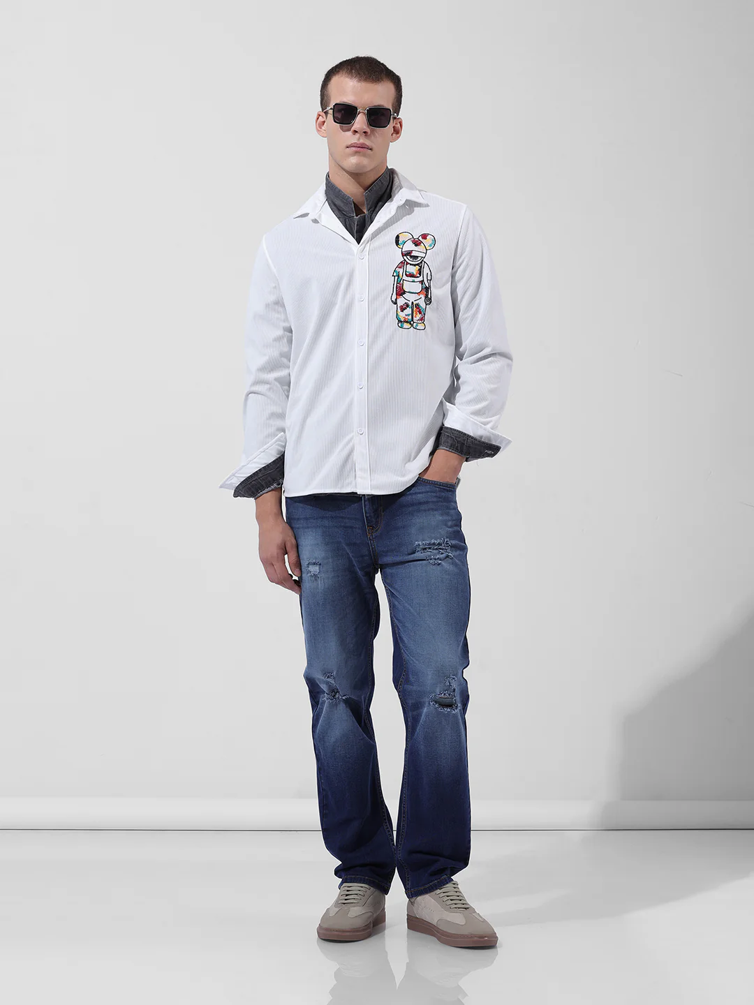 Men's White Regular Fit Embroided Street Shirt - Image 8
