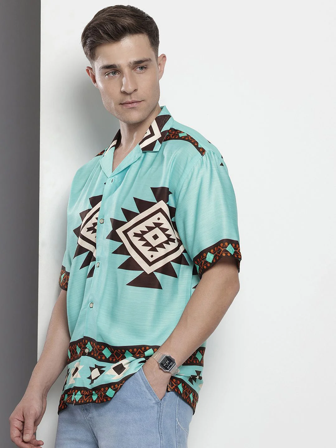 Men's Blue Relaxed Fit Printed Resort Wear Shirt - Image 2