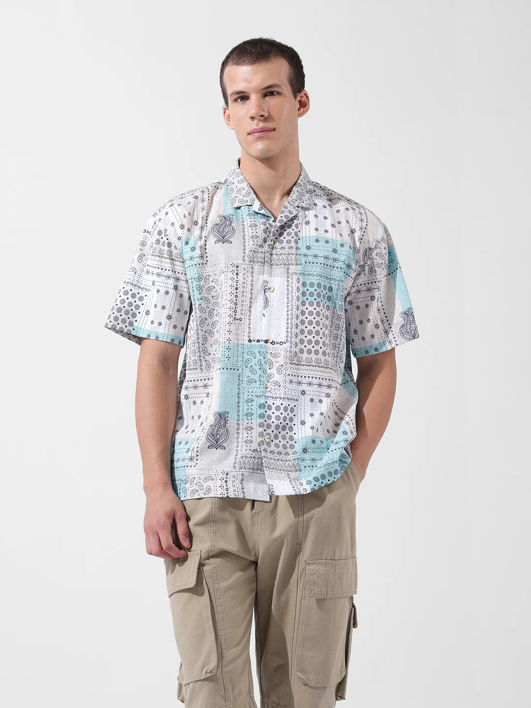 Men's Beige Relaxed Fit Printed Resort Wear Shirt - Image 7