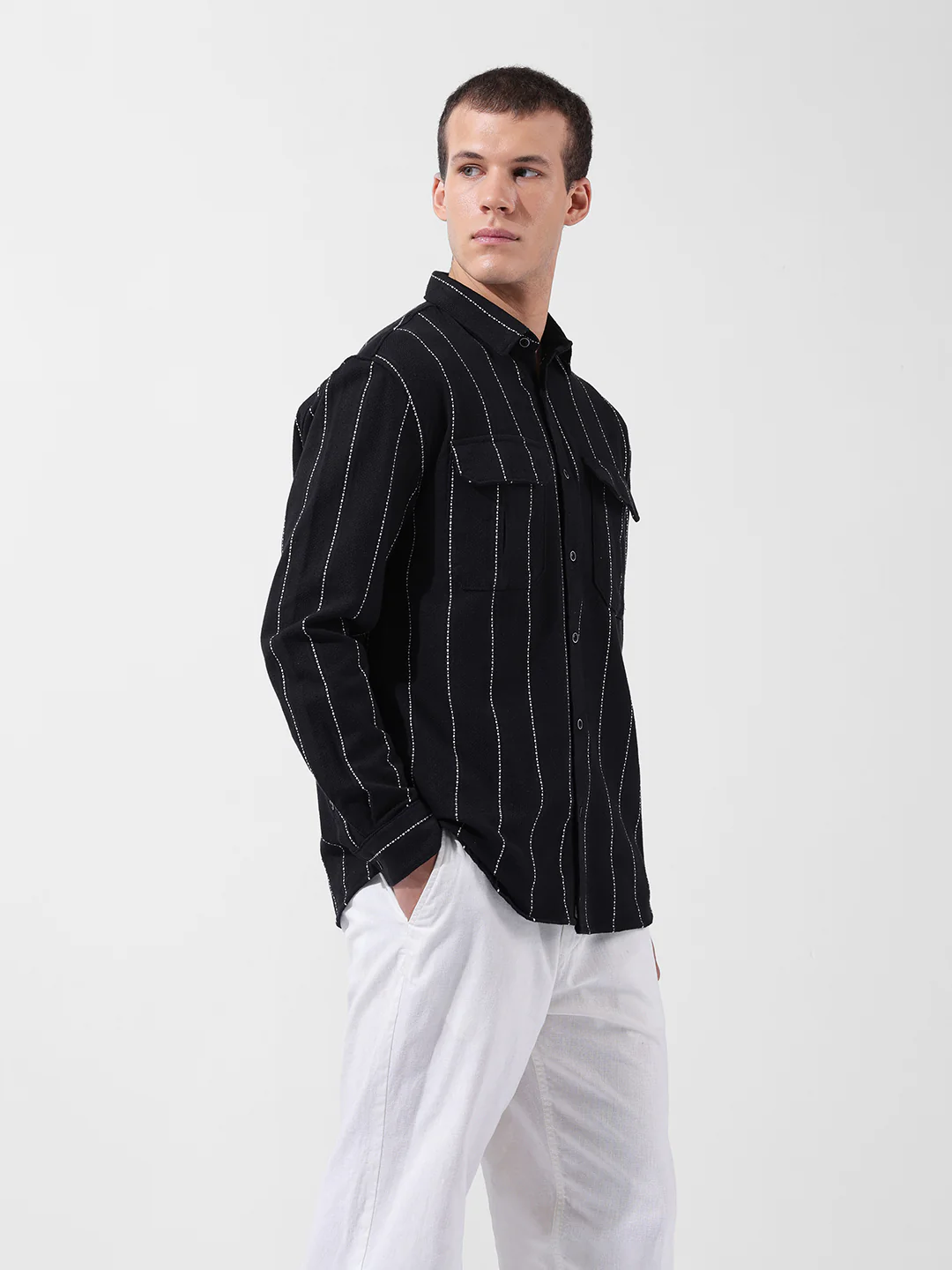 Men's Black Relaxed Fit Striped Casual Shirt - Image 2