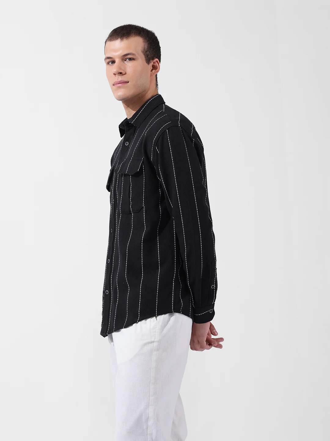 Men's Black Relaxed Fit Striped Casual Shirt - Image 3
