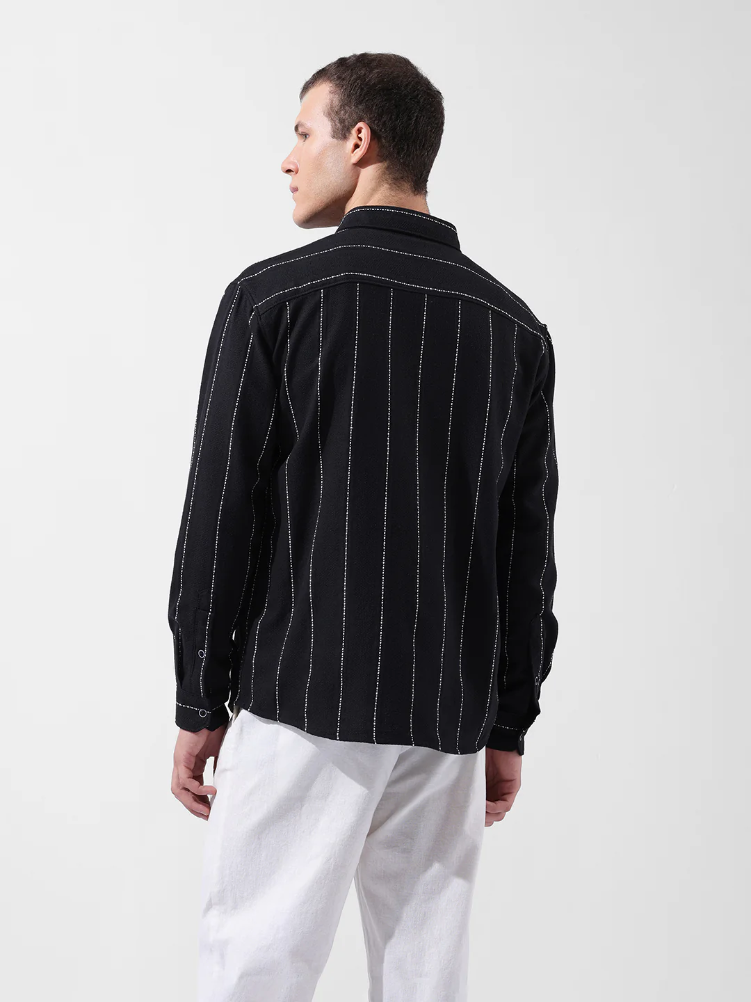 Men's Black Relaxed Fit Striped Casual Shirt - Image 4