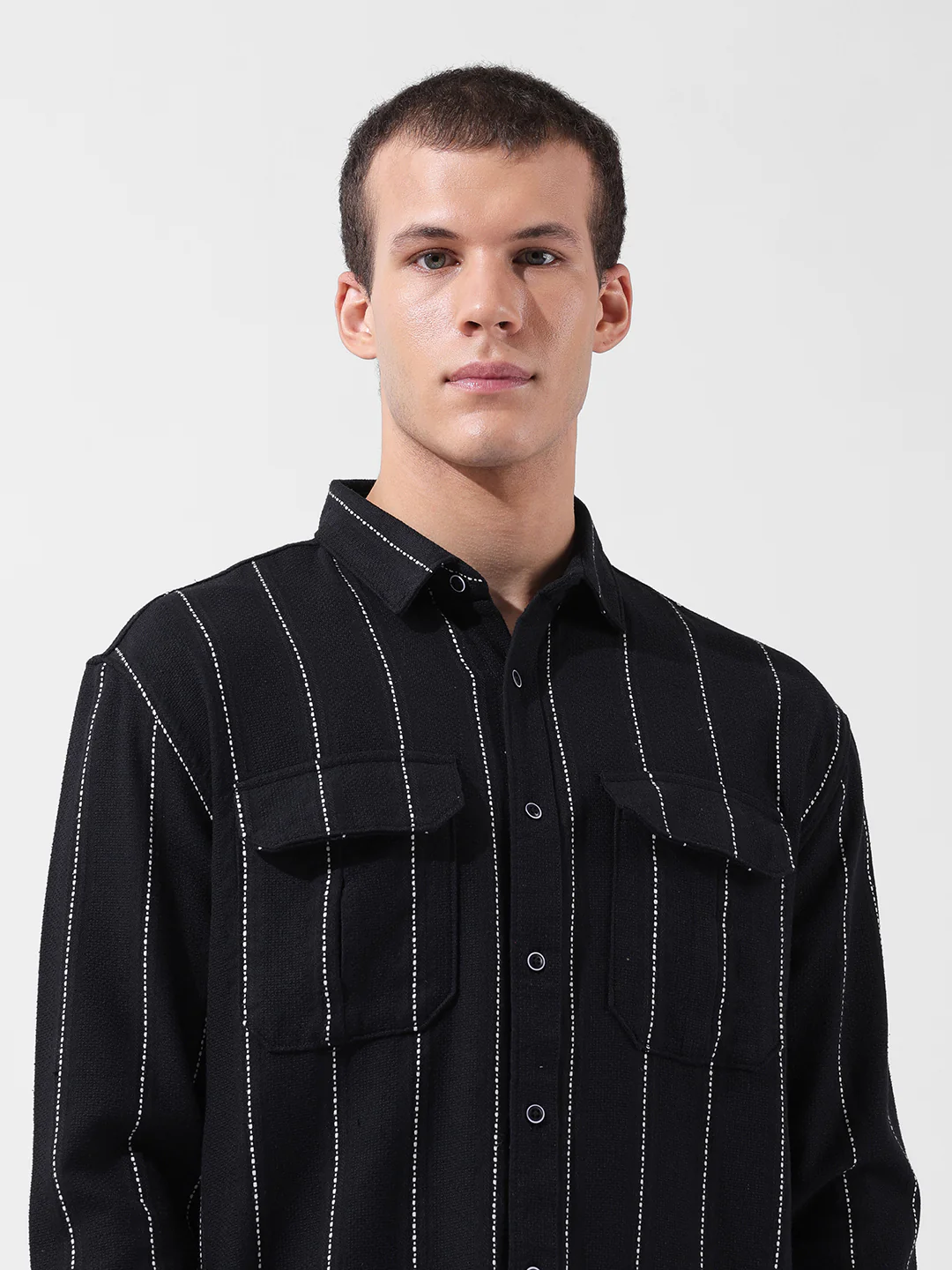 Men's Black Relaxed Fit Striped Casual Shirt - Image 5
