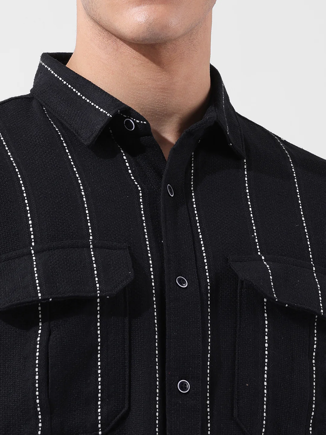 Men's Black Relaxed Fit Striped Casual Shirt - Image 6