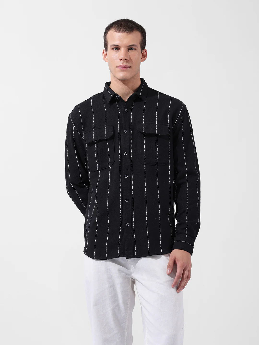 Men's Black Relaxed Fit Striped Casual Shirt - Image 7
