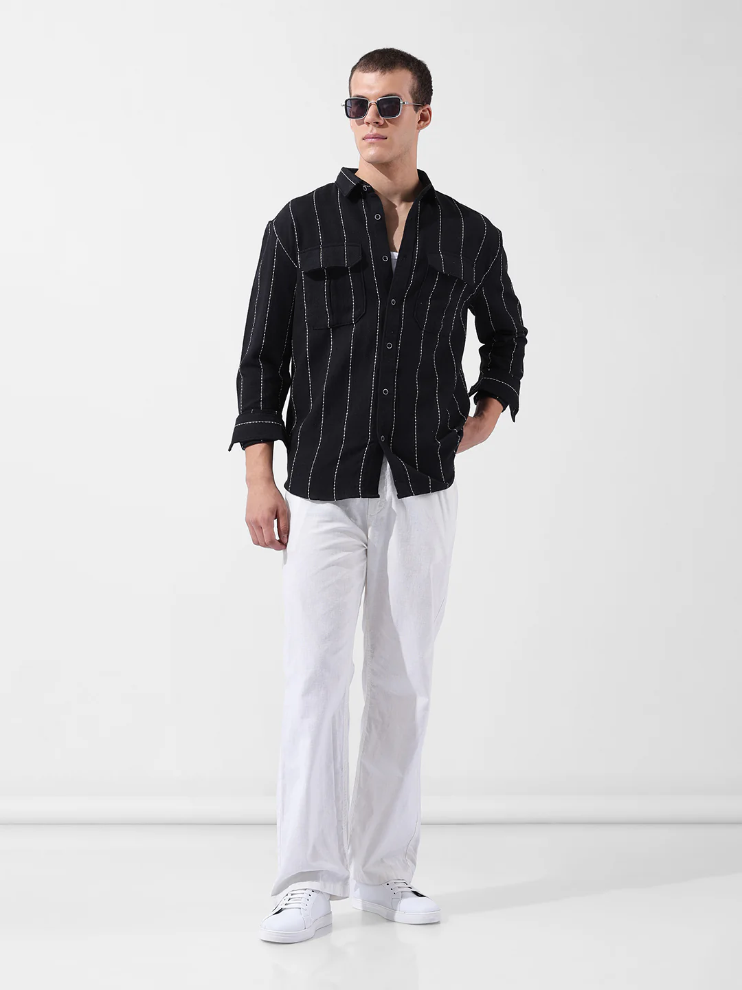 Men's Black Relaxed Fit Striped Casual Shirt - Image 8