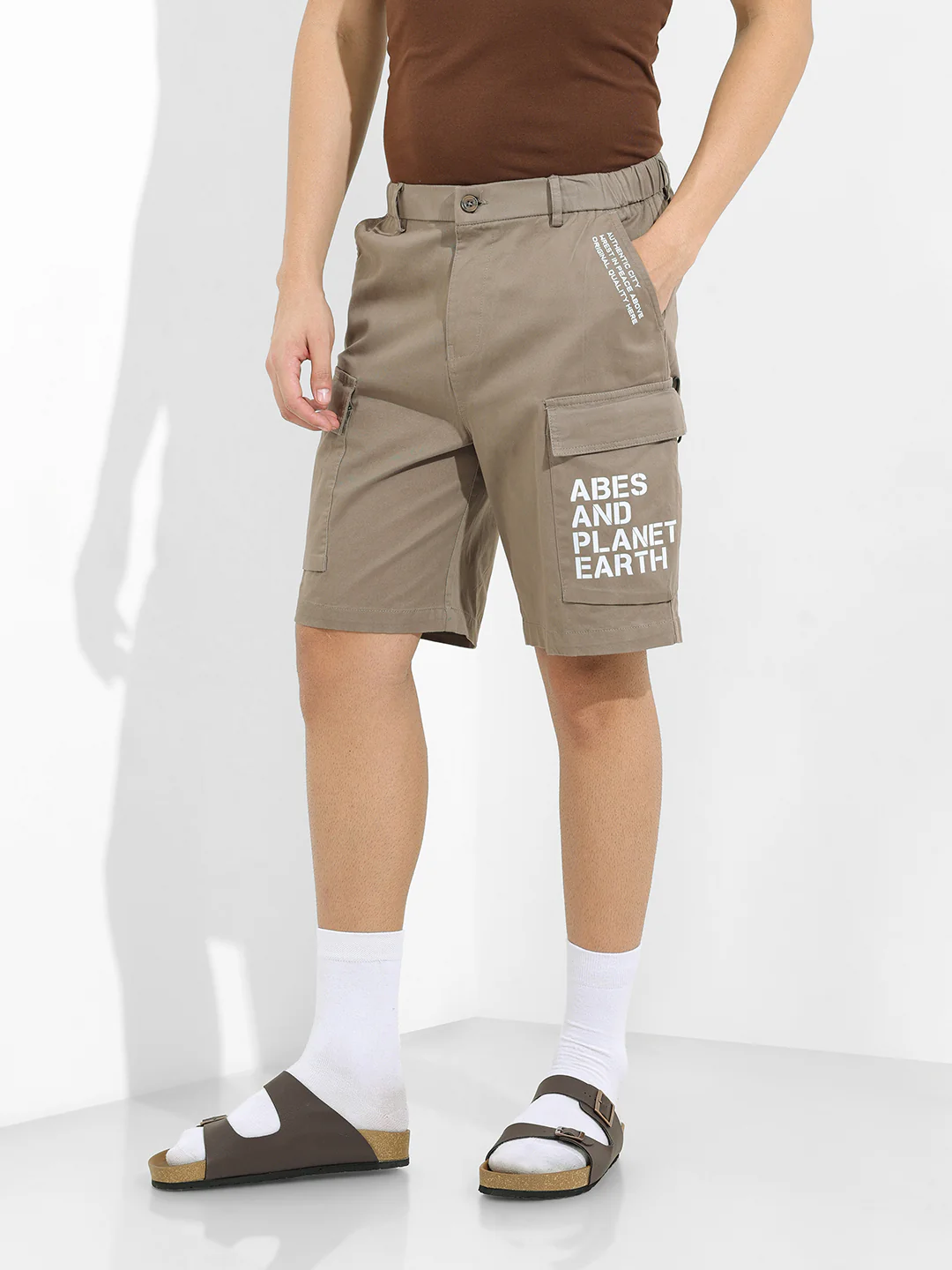 Men's Taupe Relaxed Fit Solid Utility Shorts - Image 2