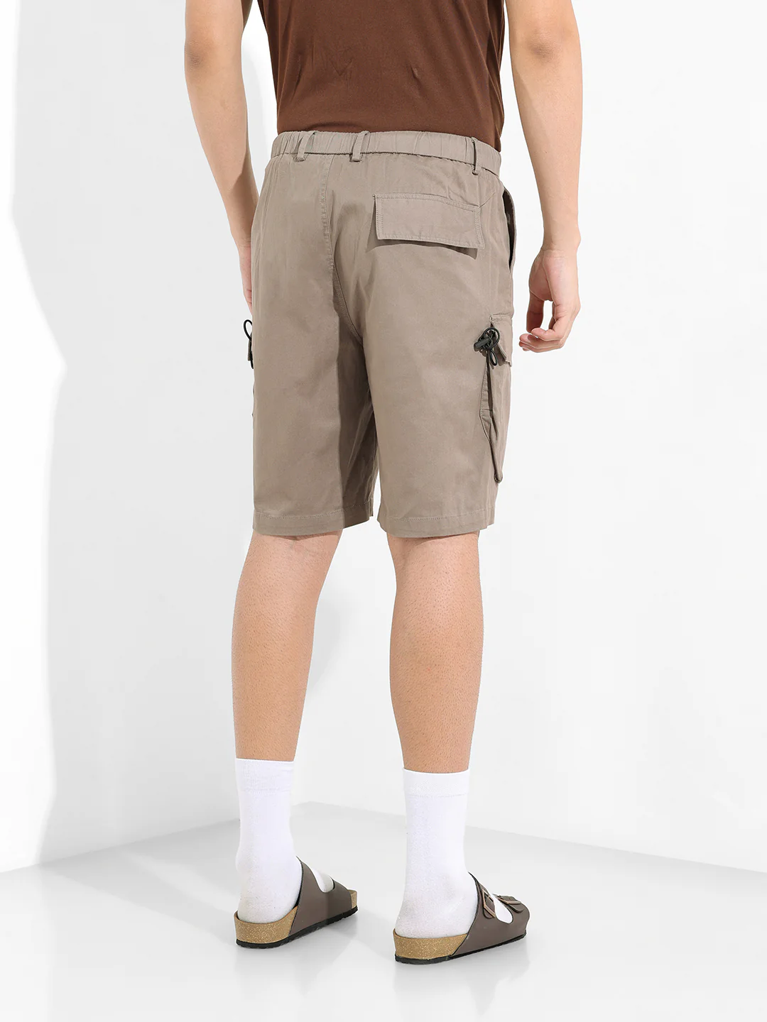 Men's Taupe Relaxed Fit Solid Utility Shorts - Image 4